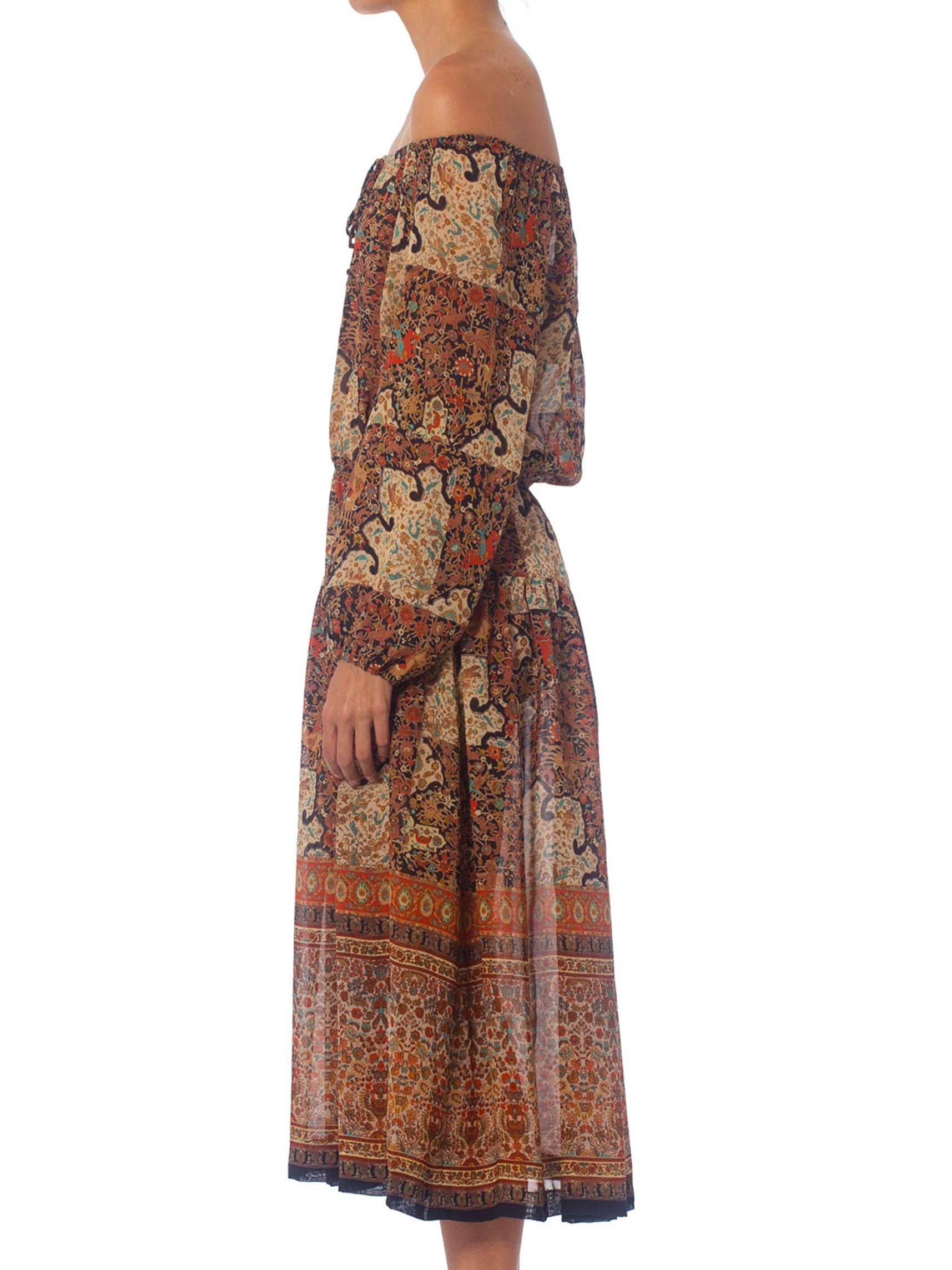 Brown 1970S Rayon French Exotic Persian Printed Boho Dress