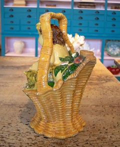 1970s French Boy in Basket Figure Painted "Botijo" Earthenware Water Jug