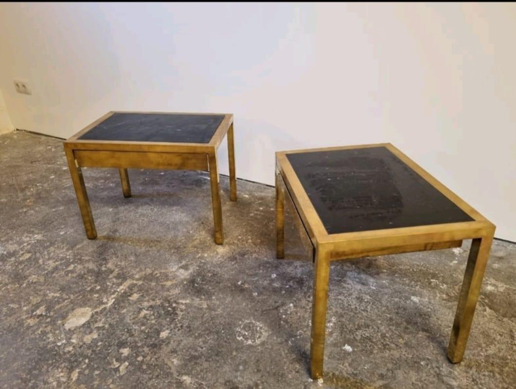 1970s French Brass and Black Marble Top with one Drawer Nighstands In Good Condition For Sale In PEGO, ES