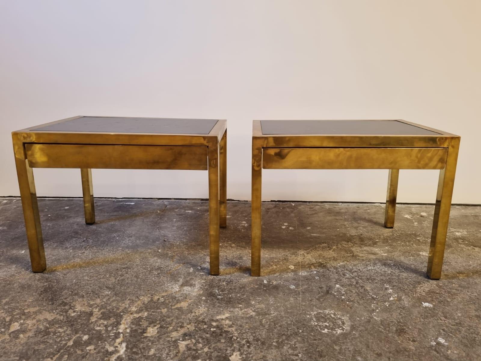 20th Century 1970s French Brass and Black Marble Top with one Drawer Nighstands For Sale