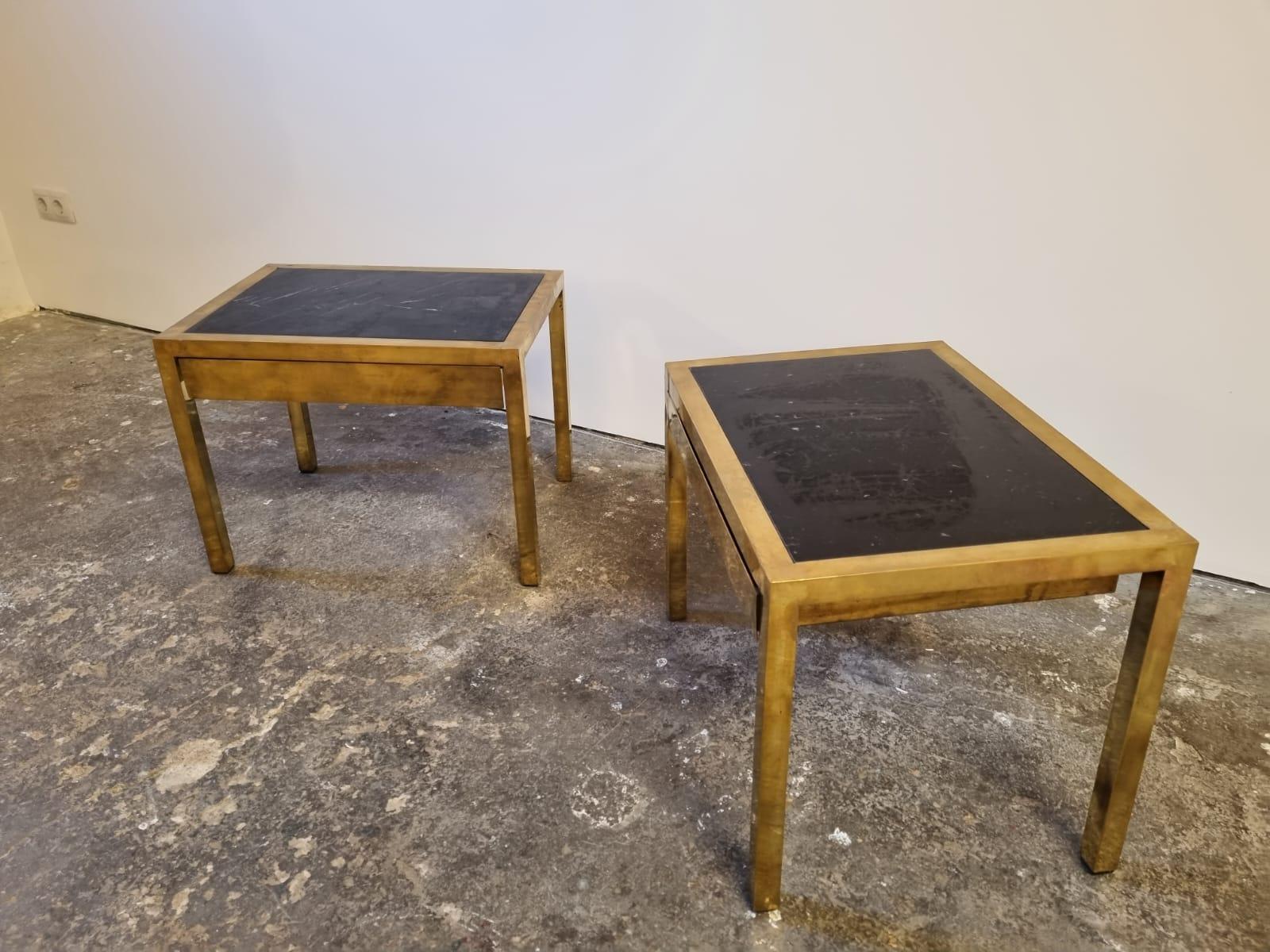 1970s French Brass and Black Marble Top with one Drawer Nighstands For Sale 4