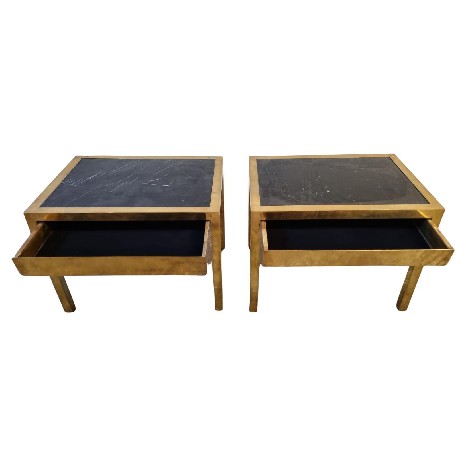 1970s French Brass and Black Marble Top with one Drawer Nighstands For Sale