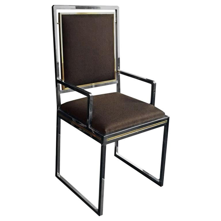 1970s French Brass and Chrome Dining Chair with Dark Brown Textured Upholstery For Sale