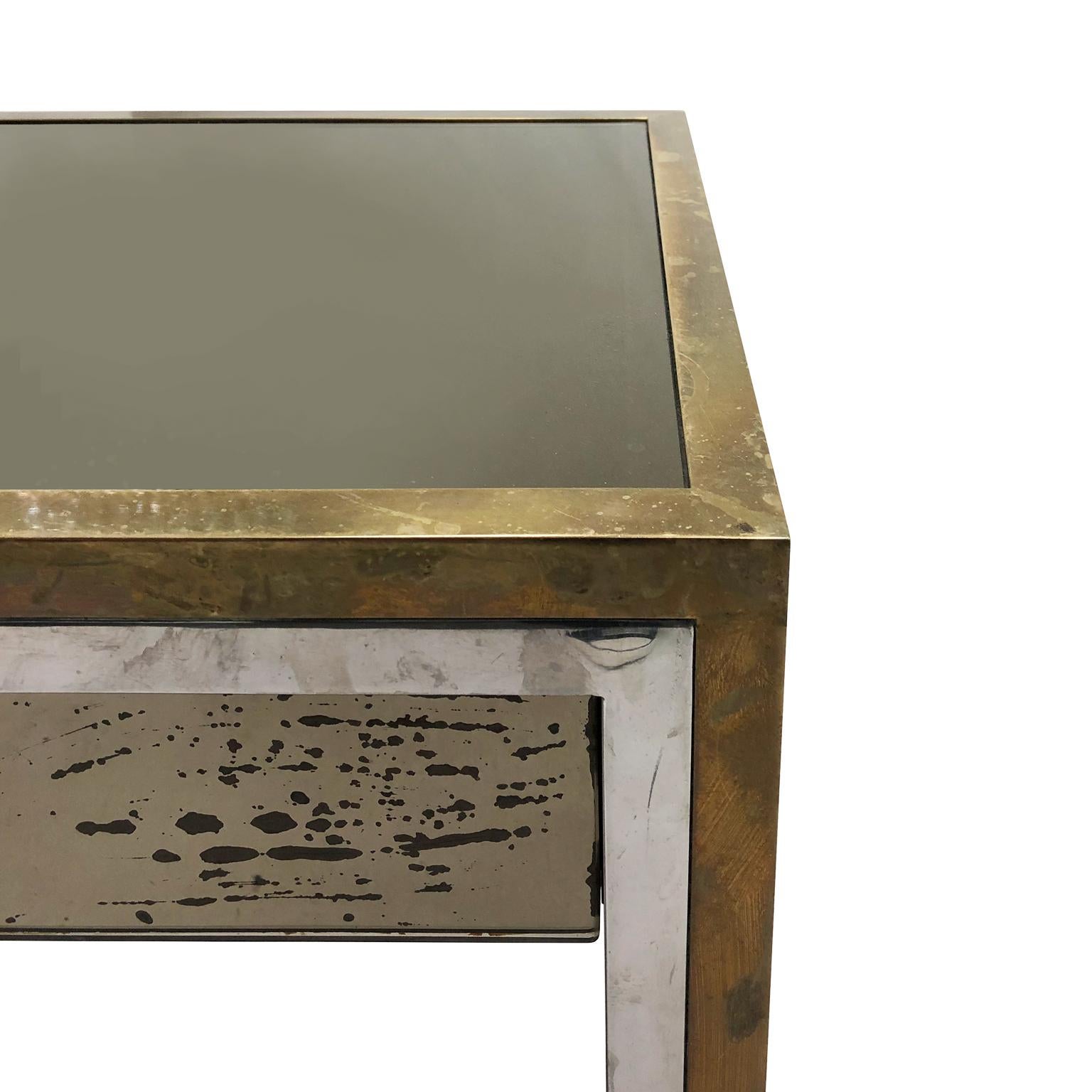 Late 20th Century 1970s French Brass and Chrome Square Side Table with Mirrored Glass Drawer