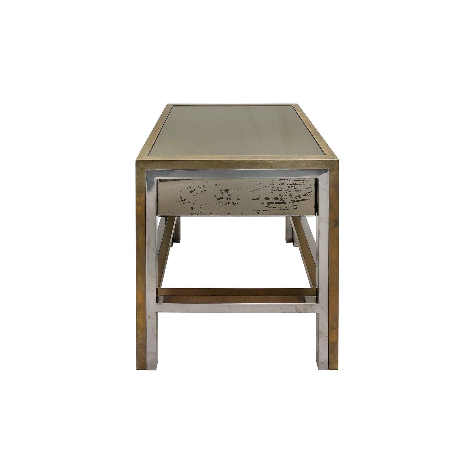 1970s French Brass and Chrome Square Side Table with Mirrored Glass Drawer