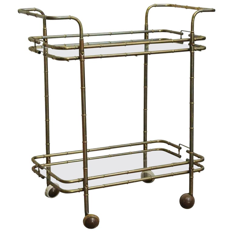 1970s French Brass Bamboo Design MidCentury Modern Bar Cart with Glass