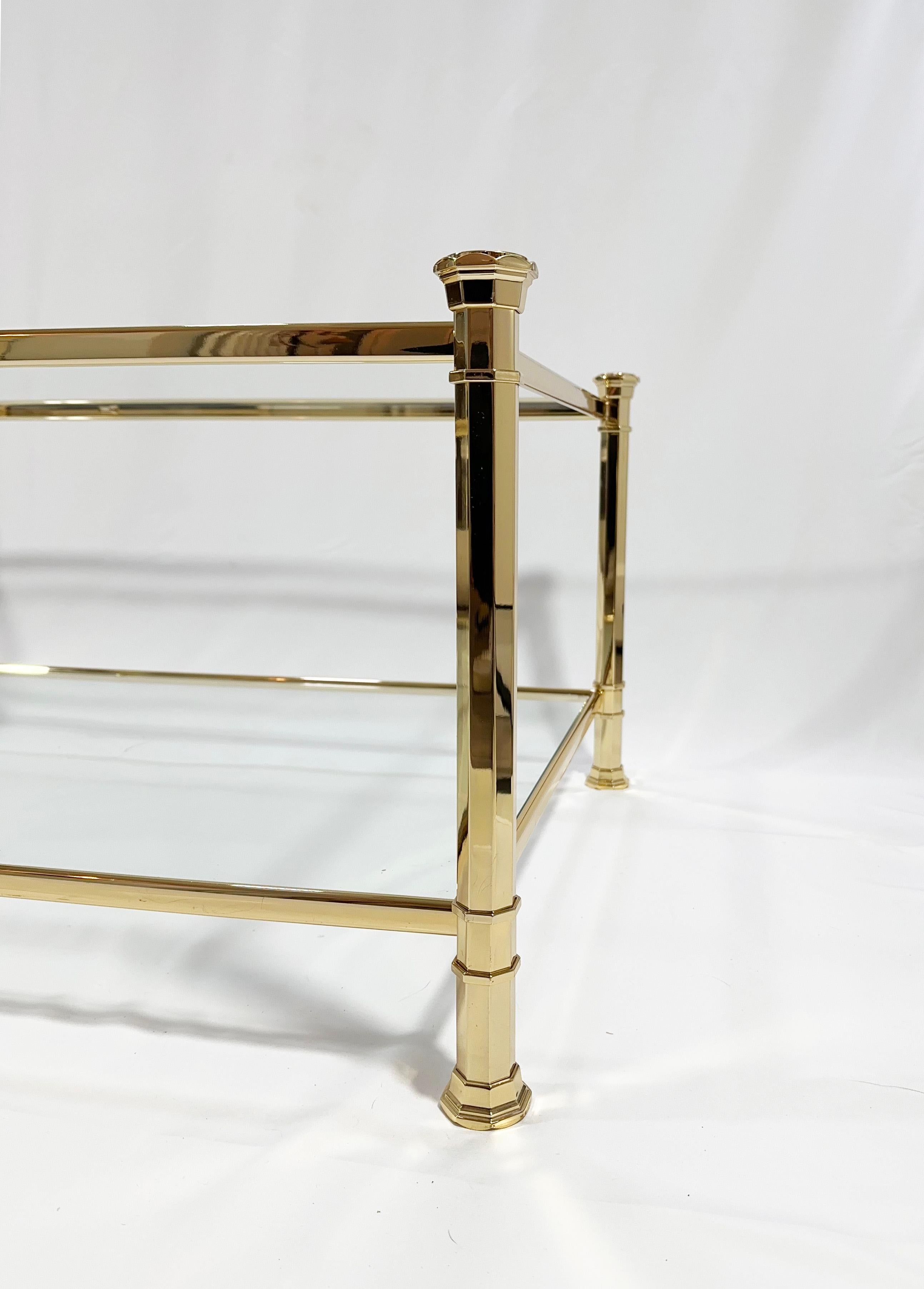 1970s French Brass Coffee Table with Glass Tiers, Neoclassical Influences In Good Condition In Glasgow, GB