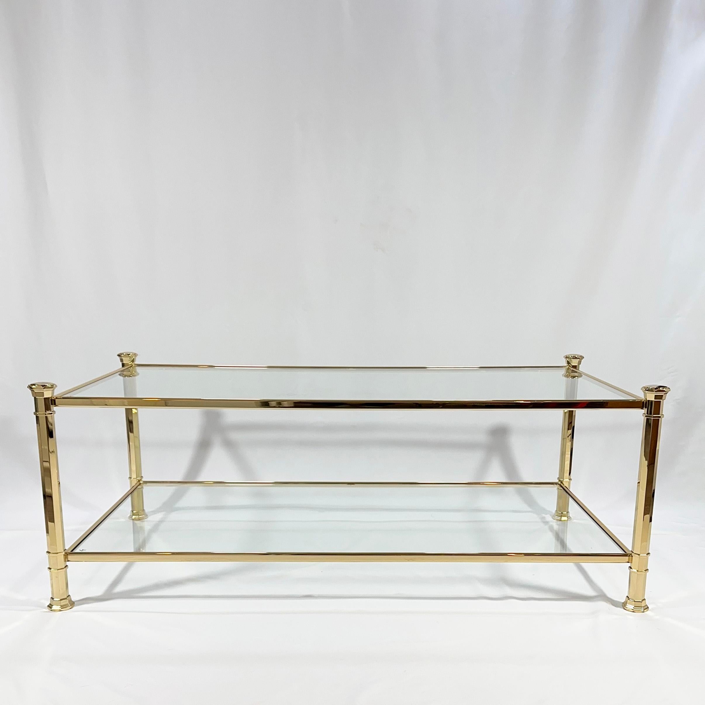 Late 20th Century 1970s French Brass Coffee Table with Glass Tiers, Neoclassical Influences