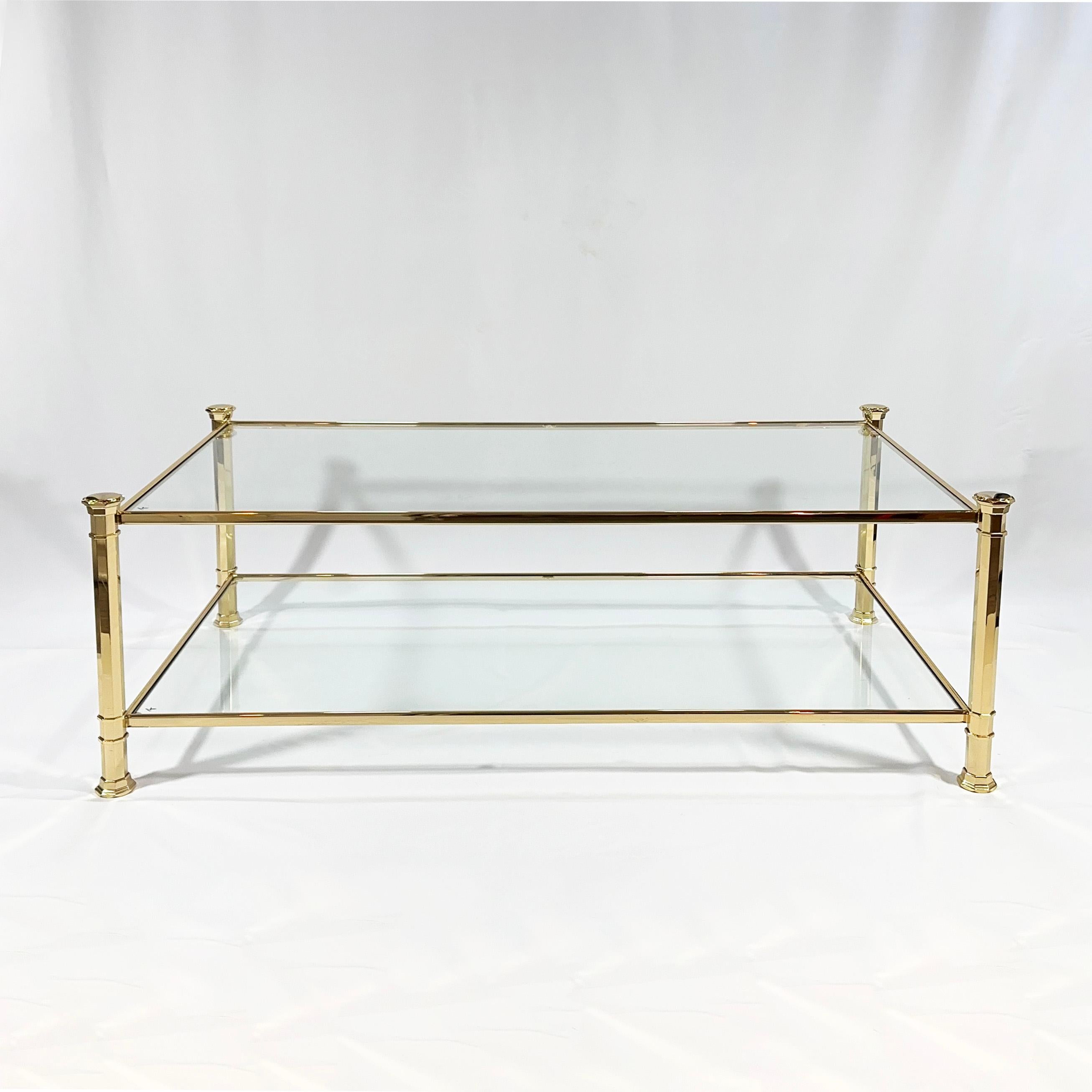 1970s French Brass Coffee Table with Glass Tiers, Neoclassical Influences 3