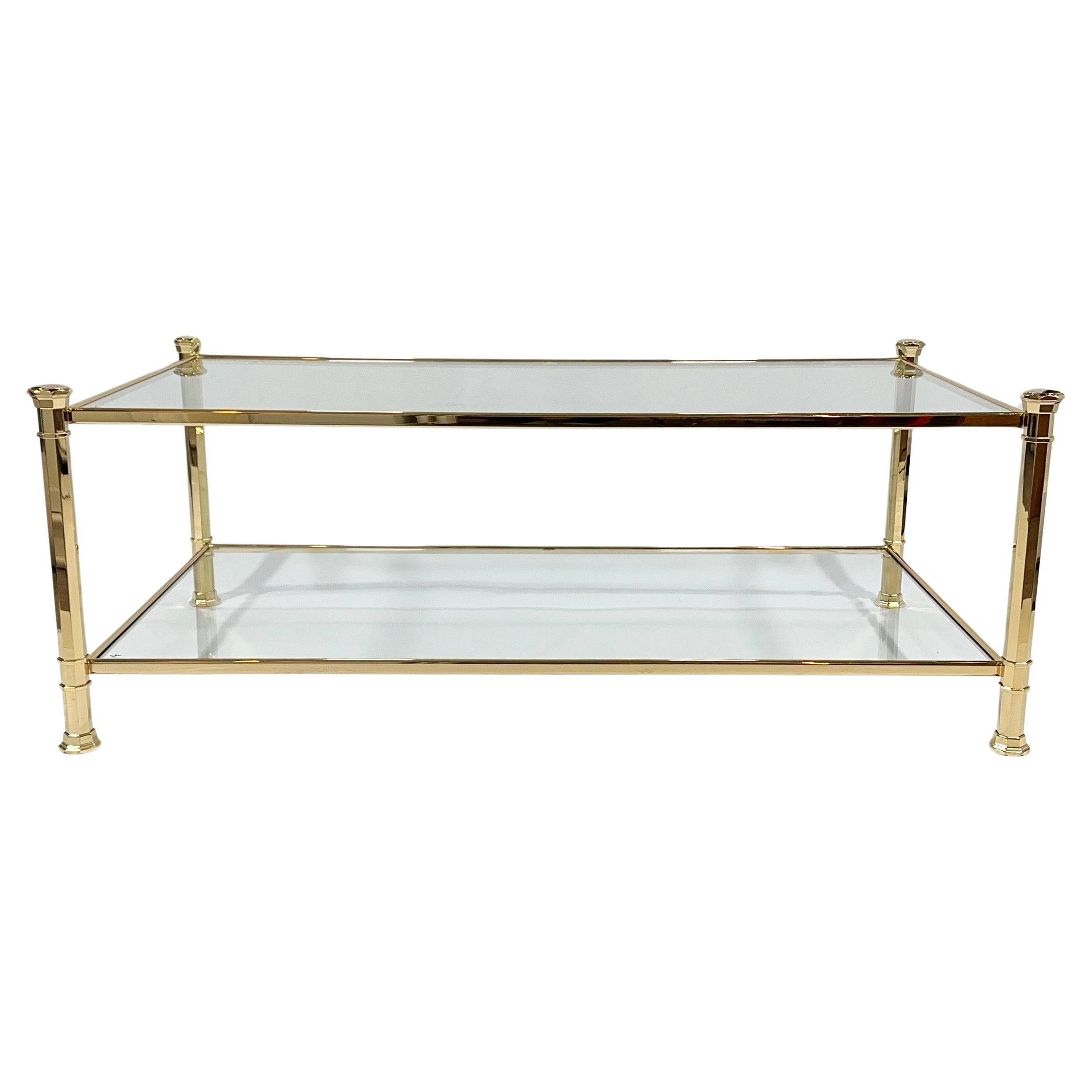 1970s French Brass Coffee Table with Glass Tiers, Neoclassical Influences