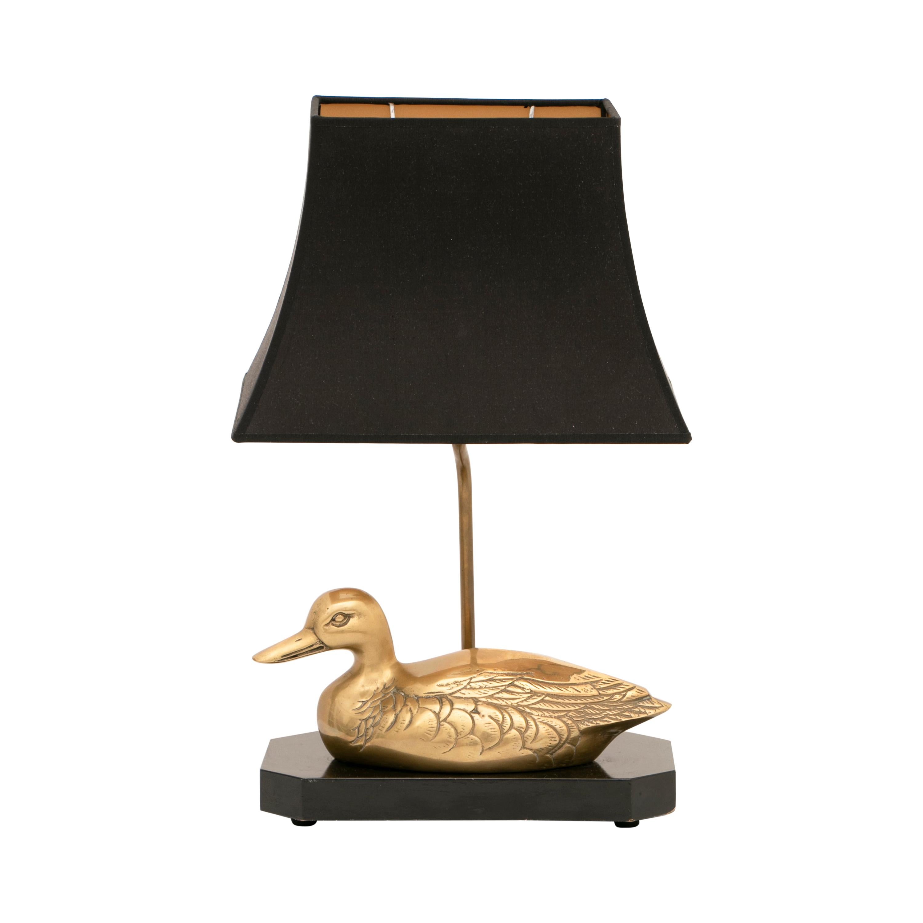 1970s French Brass Duck Table Lamp Maison Charles Style Inc New Shade