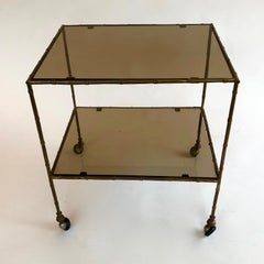 Brass Faux Bamboo 2-Tier Side Accent Table, Drinks Trolley or Cart, French 1970s
