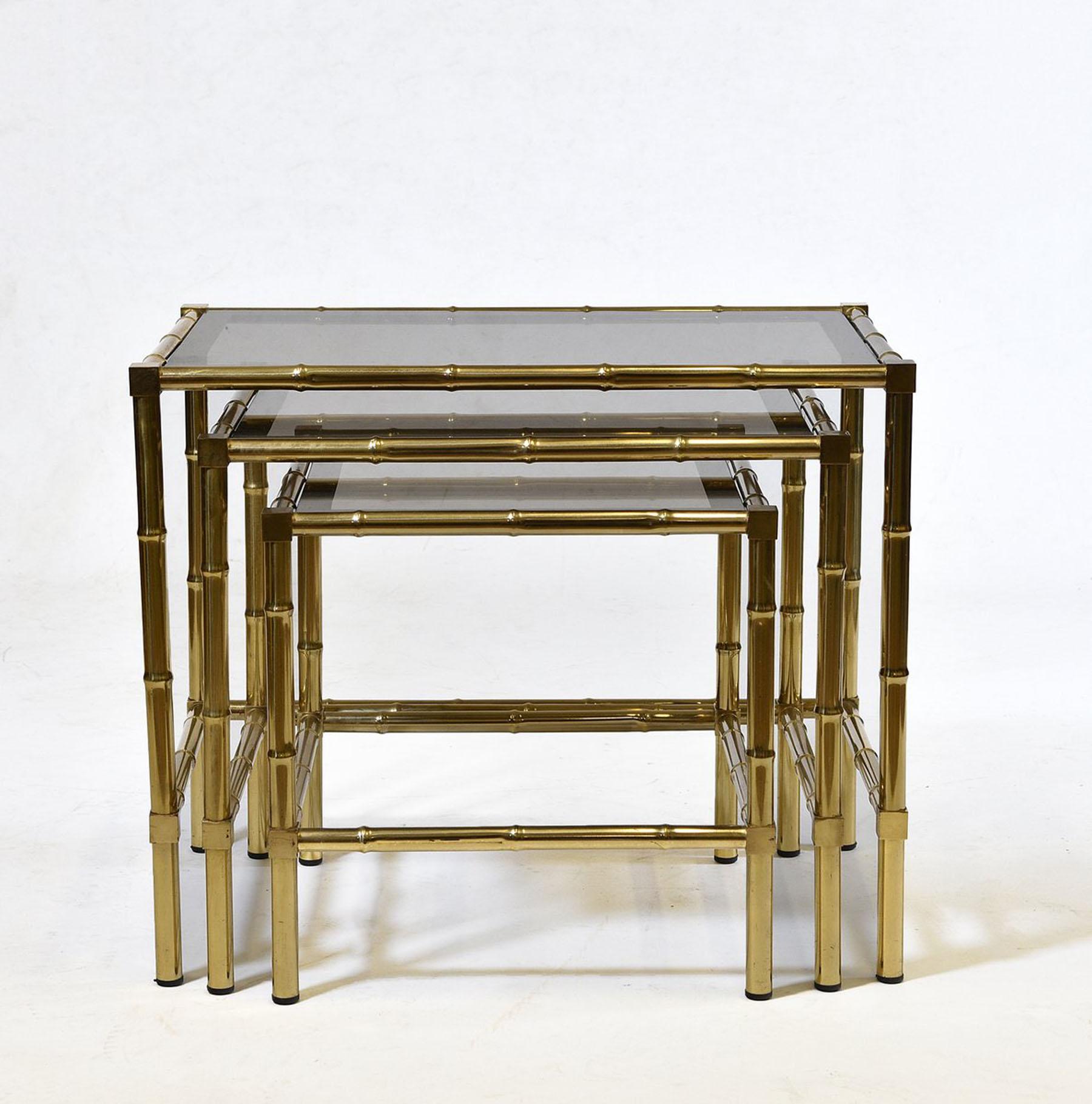 Hollywood Regency 1970s French Brass Faux Bamboo Nest of Three Tables