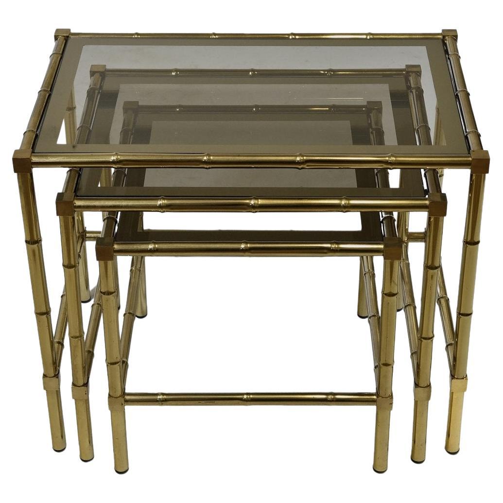 Late 20th Century 1970s French Brass Faux Bamboo Nest of Three Tables