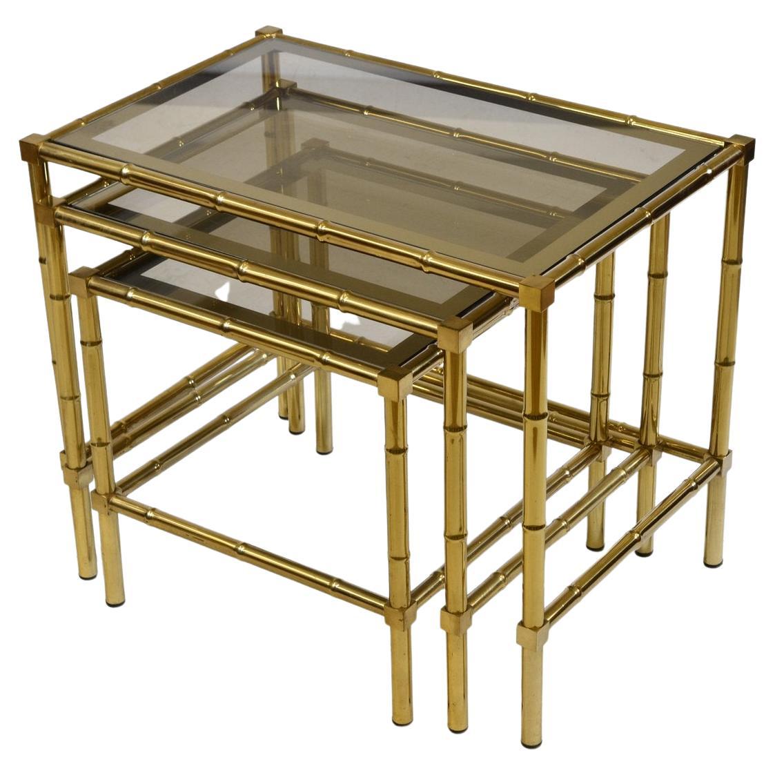 1970s French Brass Faux Bamboo Nest of Three Tables