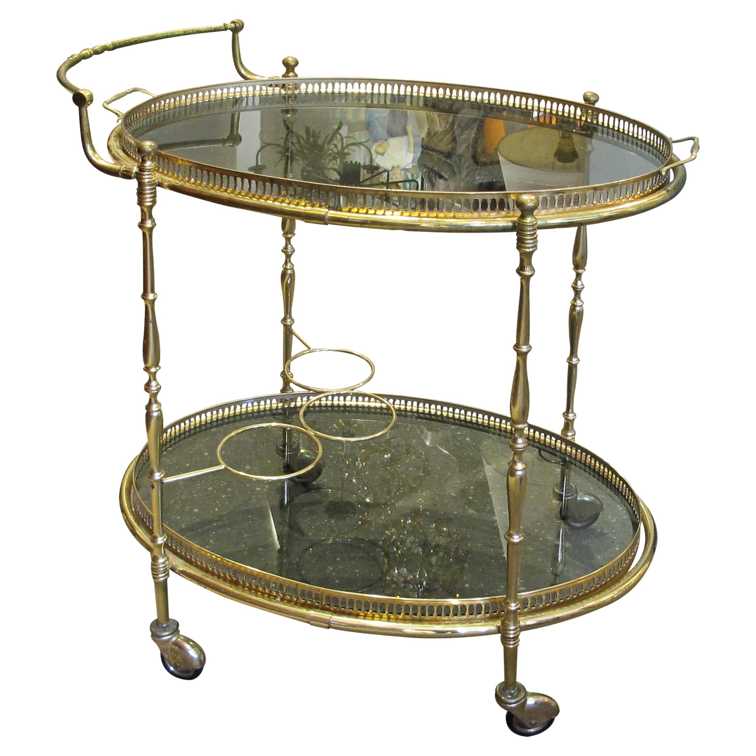 1970s French Brass Oval Serving Bar Cart or Drinks Trolley with Tray on Wheels