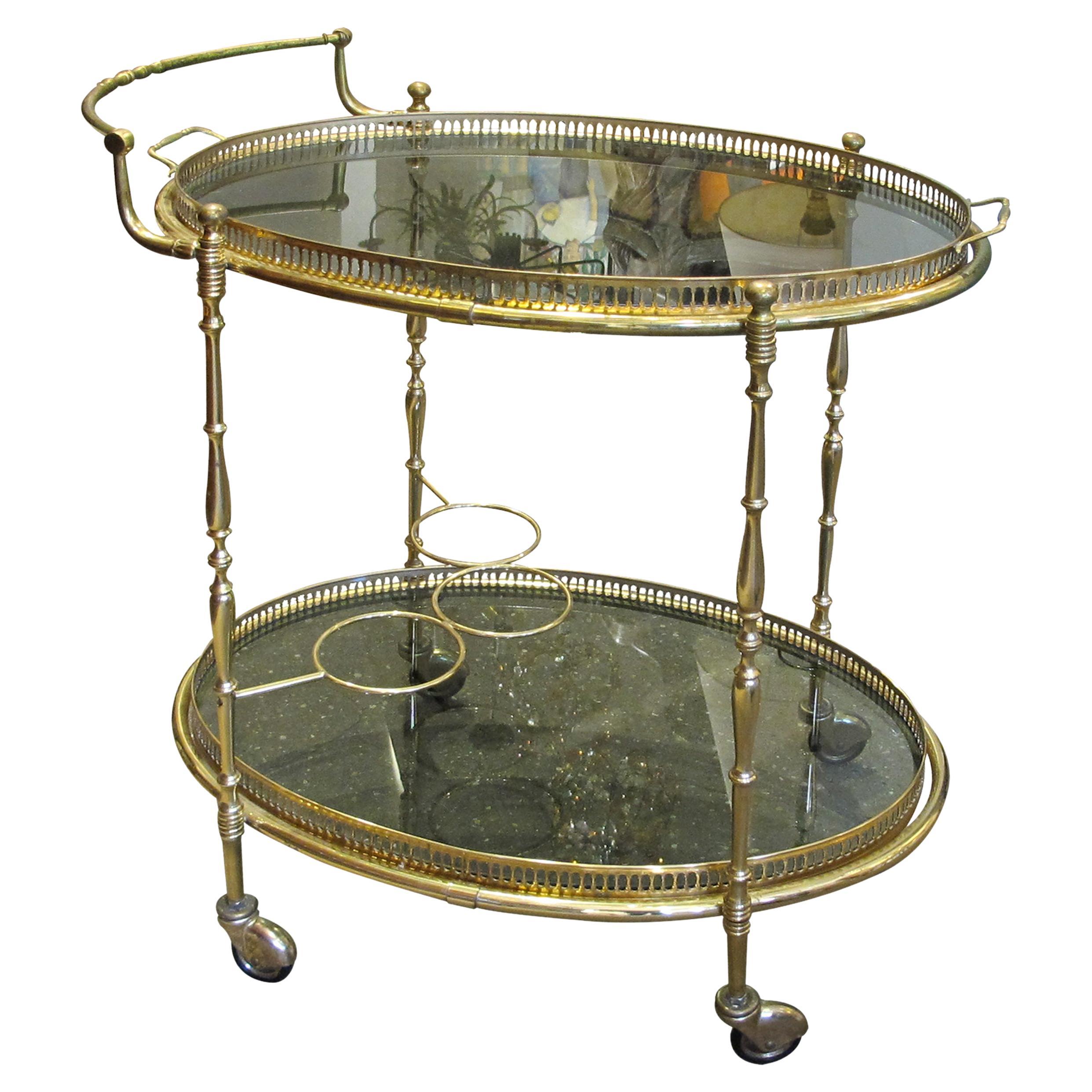 1970s French Brass Oval Serving Bar Cart with Tray on Wheels For Sale