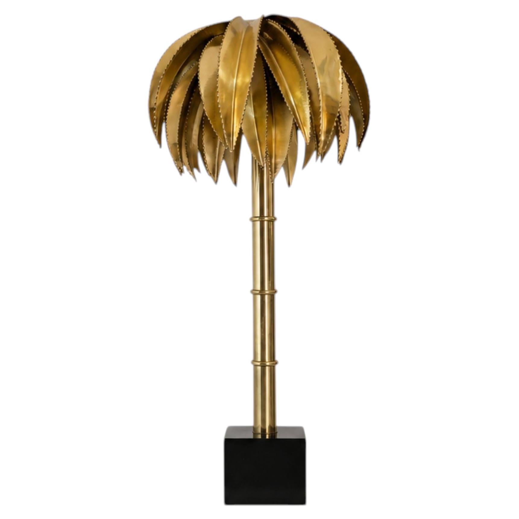 1970s French Brass Palm Tree Faux Bamboo Table Lamp in Style of Maison Jansen