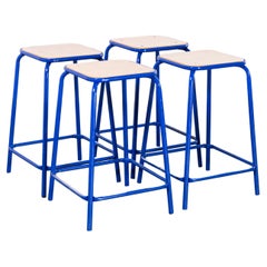 1970's French Bright Blue Laboratory Stools - Set Of Four