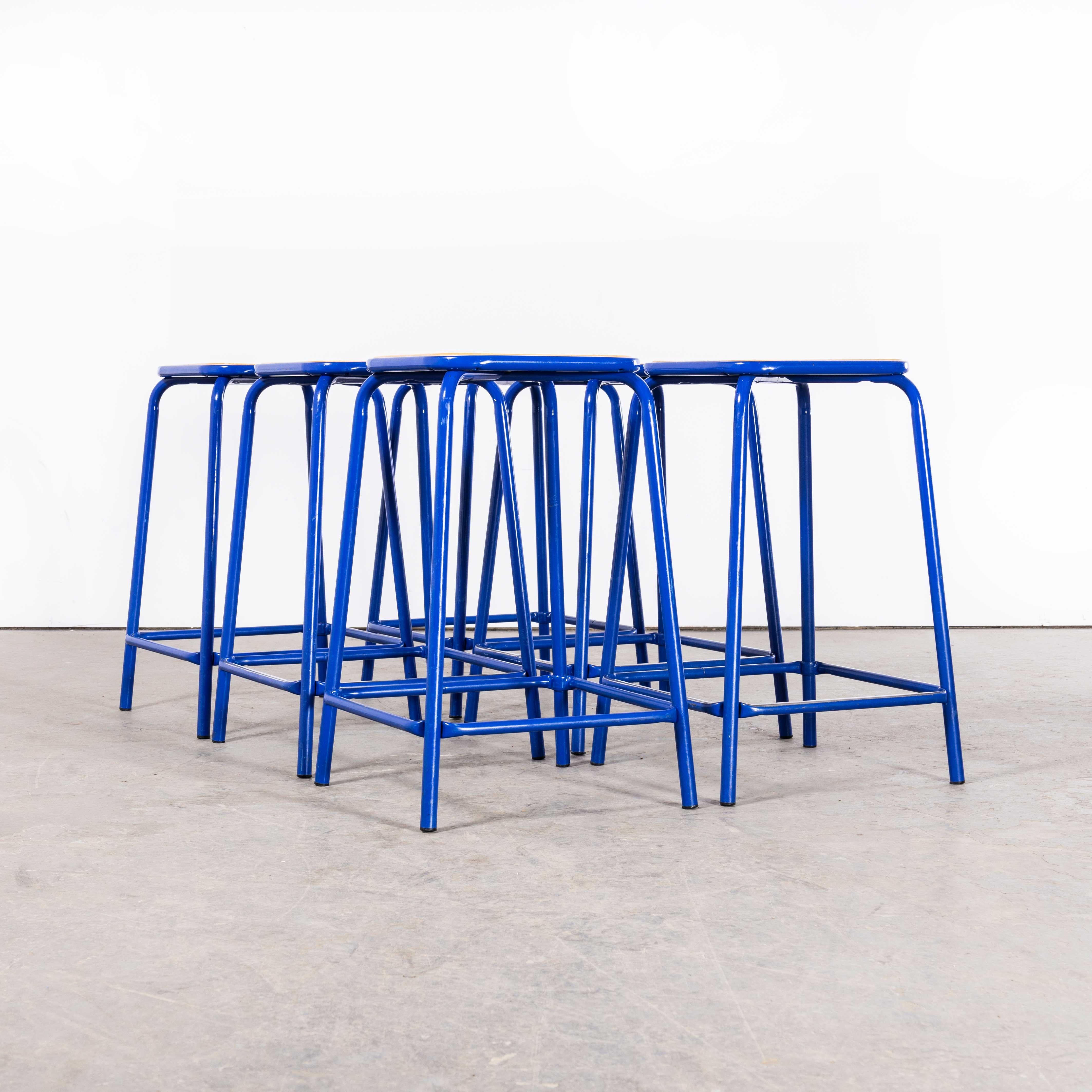 Birch 1970's French Bright Blue Laboratory Stools - Set Of Six For Sale