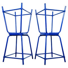 Taburetes anchos de laboratorio franceses azul brillante de los años 70 - Juego de cuatro