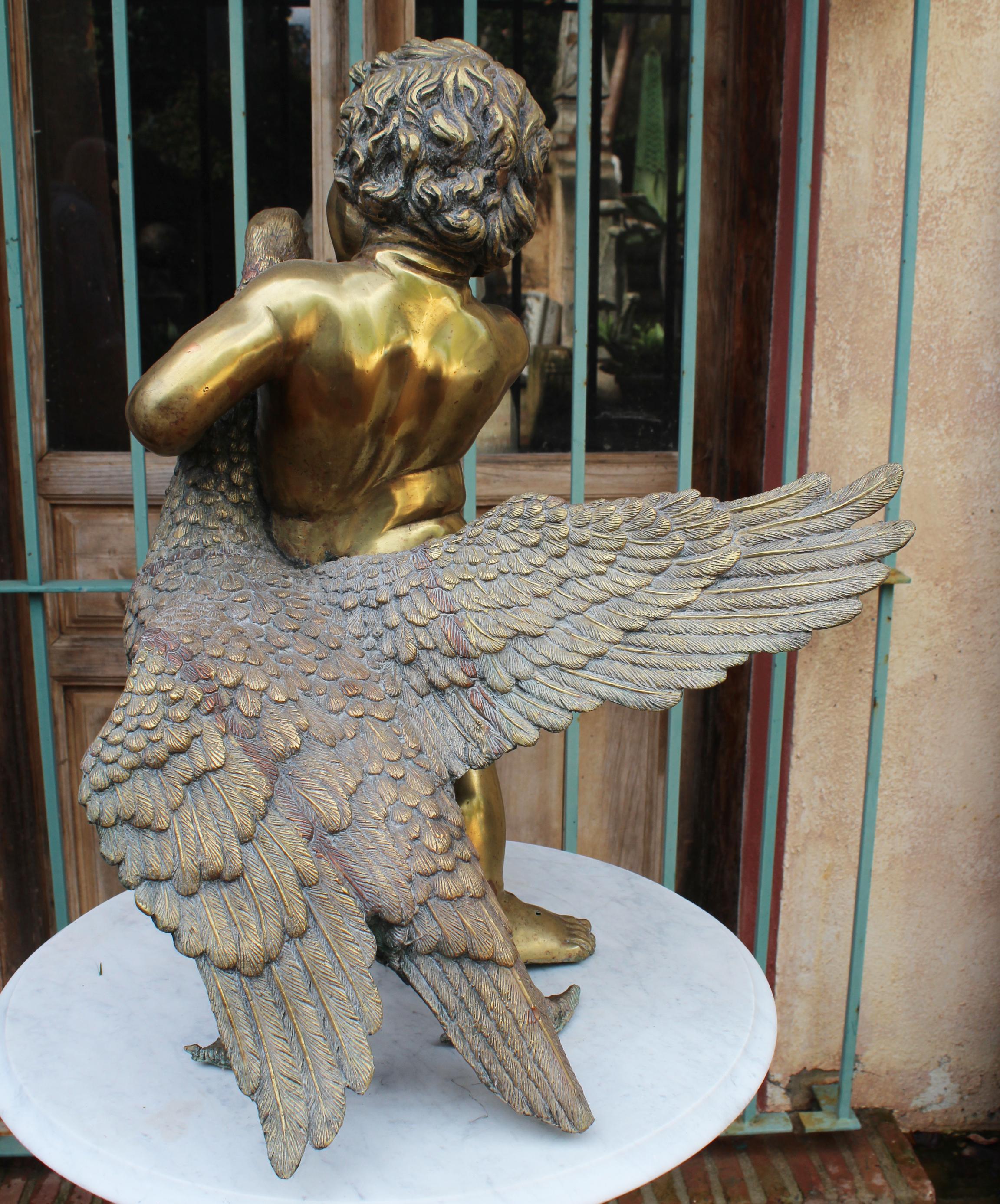 1970s French Bronze Fountain Sculpture of Cherub with Duck For Sale 3