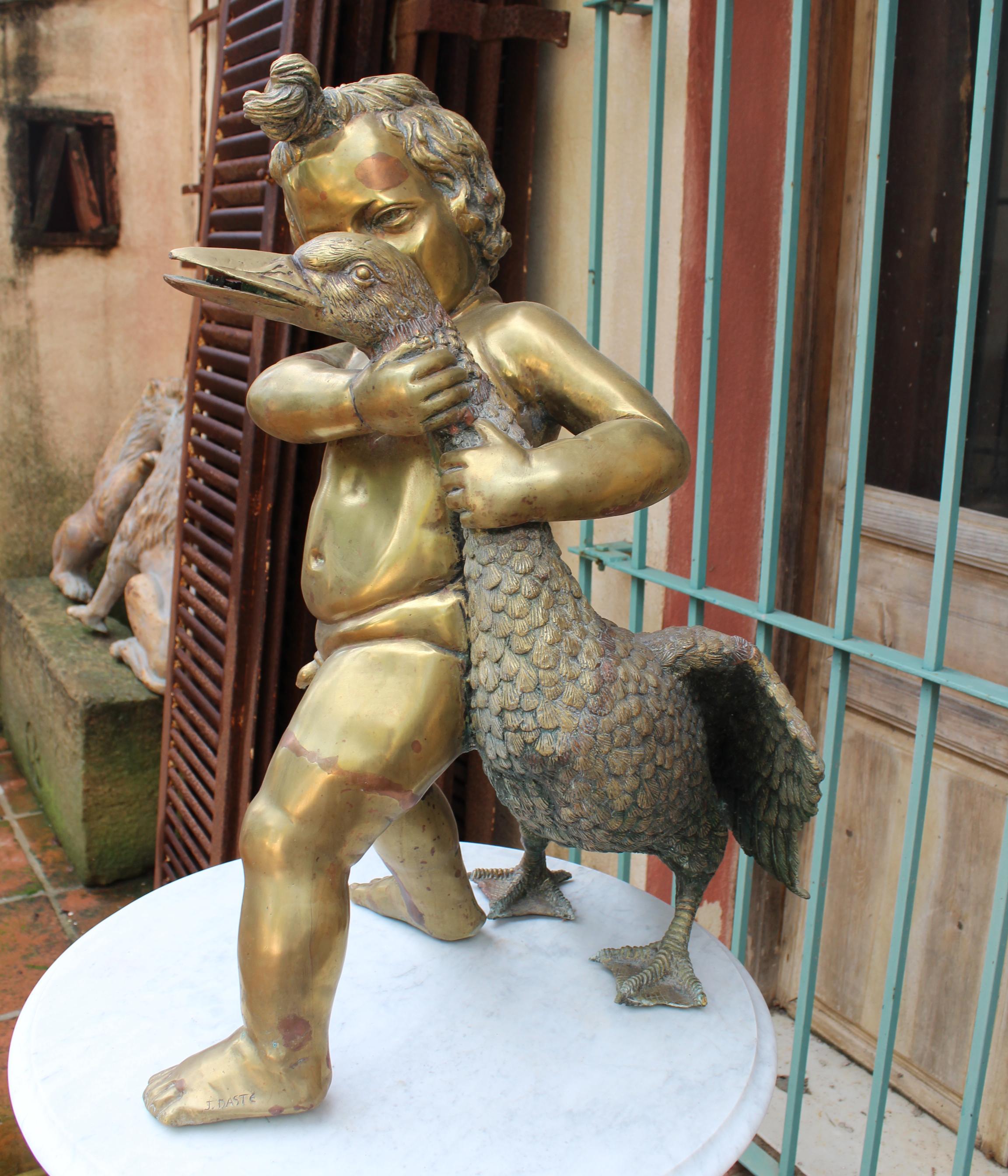 Französische Bronzeskulptur eines Brunnens aus den 1970er Jahren mit Putte und Ente im Angebot 9