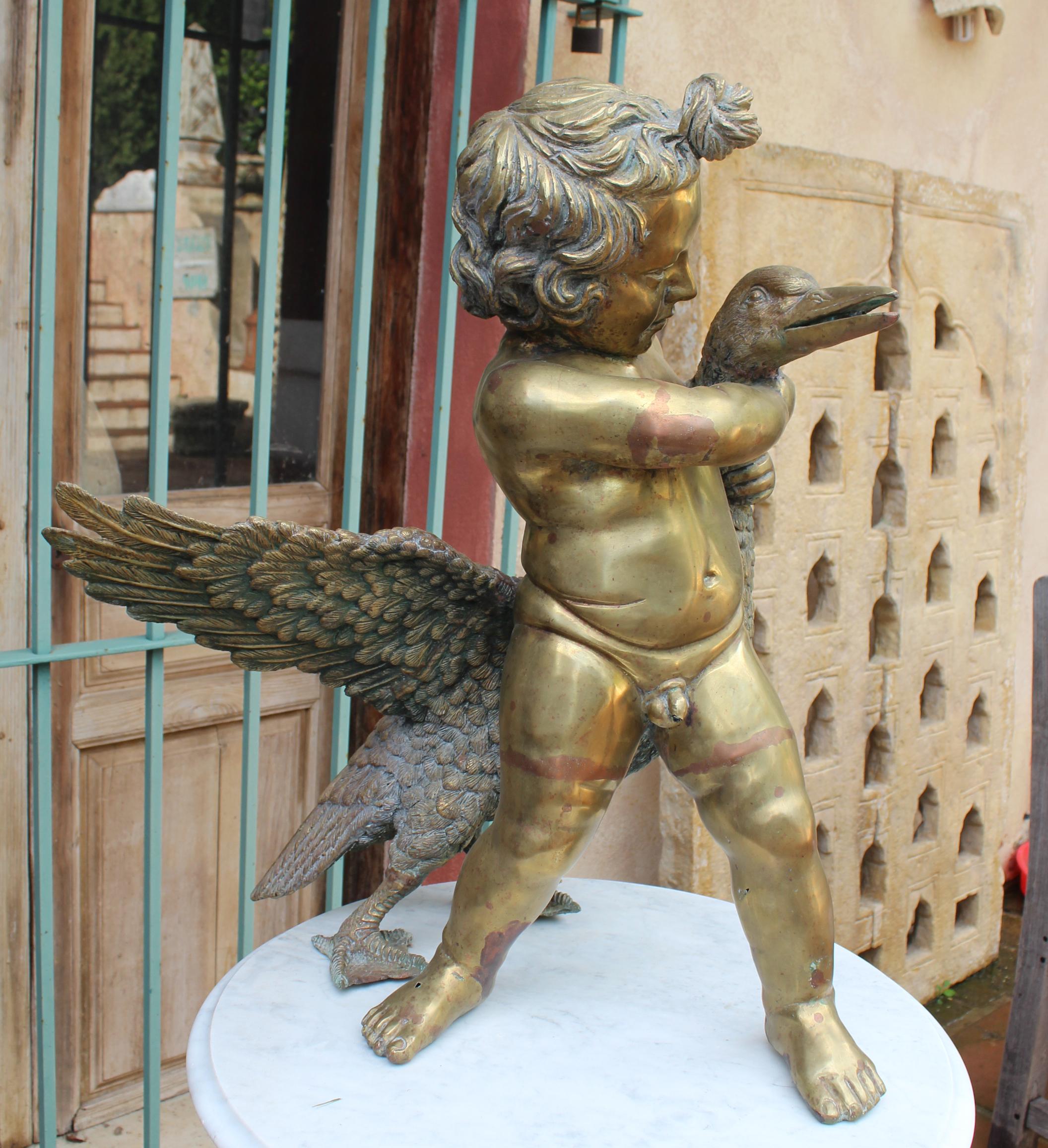 1970s French Bronze Fountain Sculpture of Cherub with Duck For Sale 7