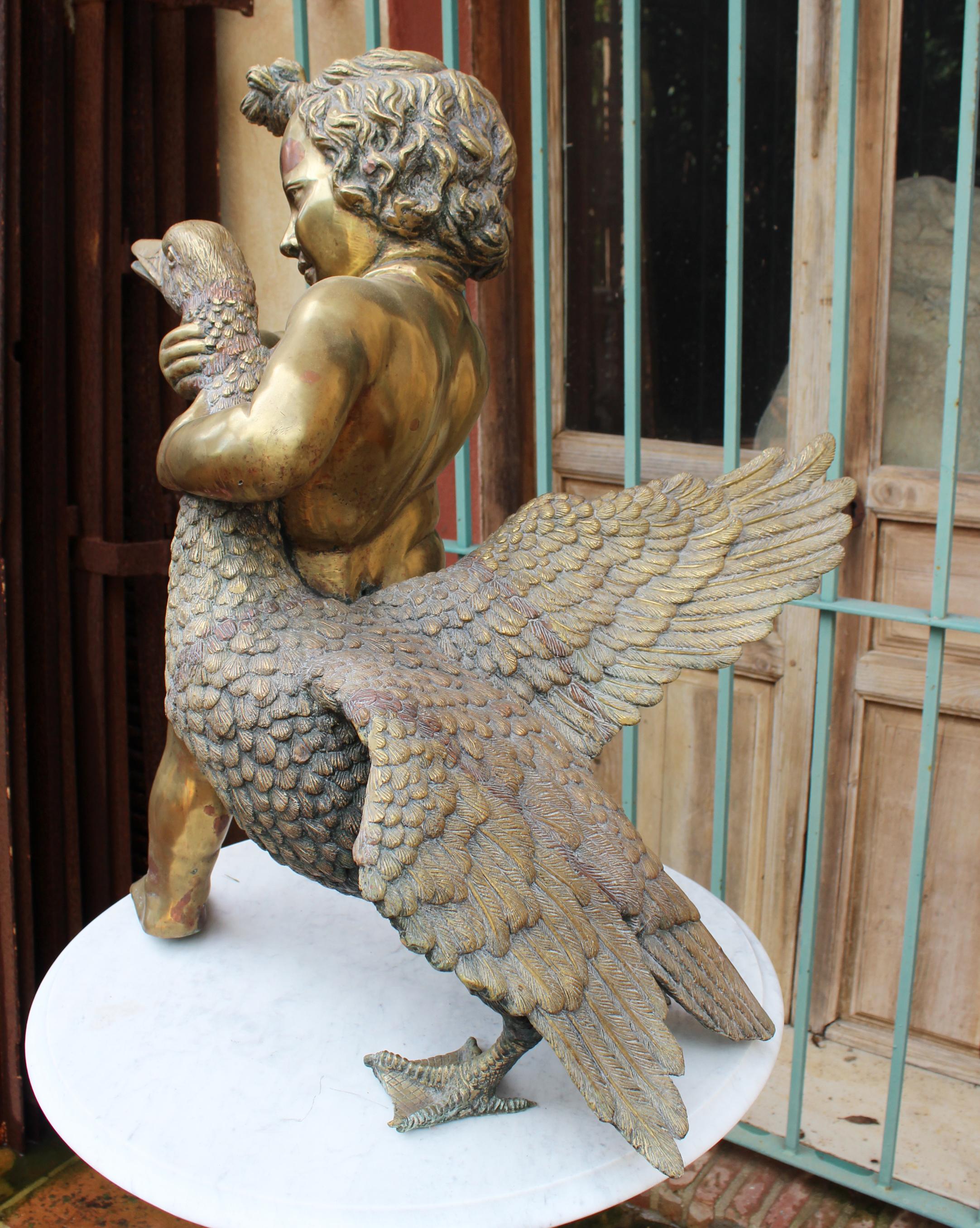 1970s French Bronze Fountain Sculpture of Cherub with Duck In Good Condition For Sale In Marbella, ES