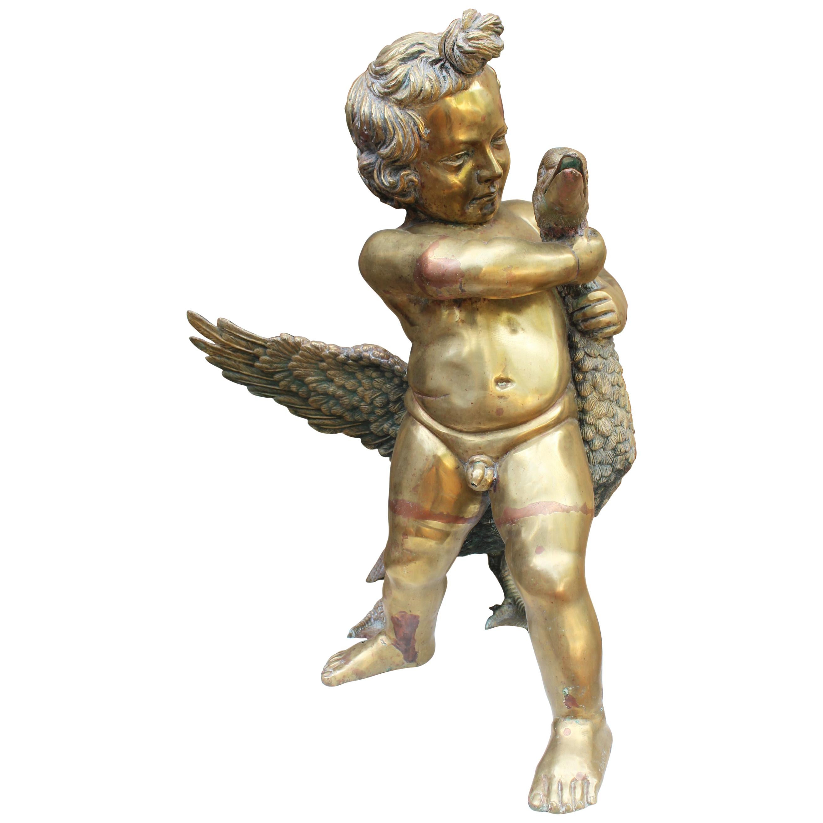 1970s French Bronze Fountain Sculpture of Cherub with Duck