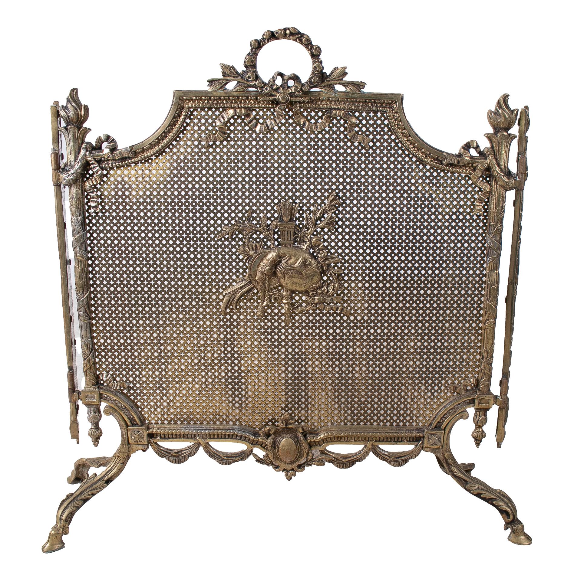 1970s French bronze three panel fireplace screen with baroque ornamentation.