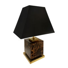 1970s French Brown and Gold Laminate Cube Lamp on Brass Base