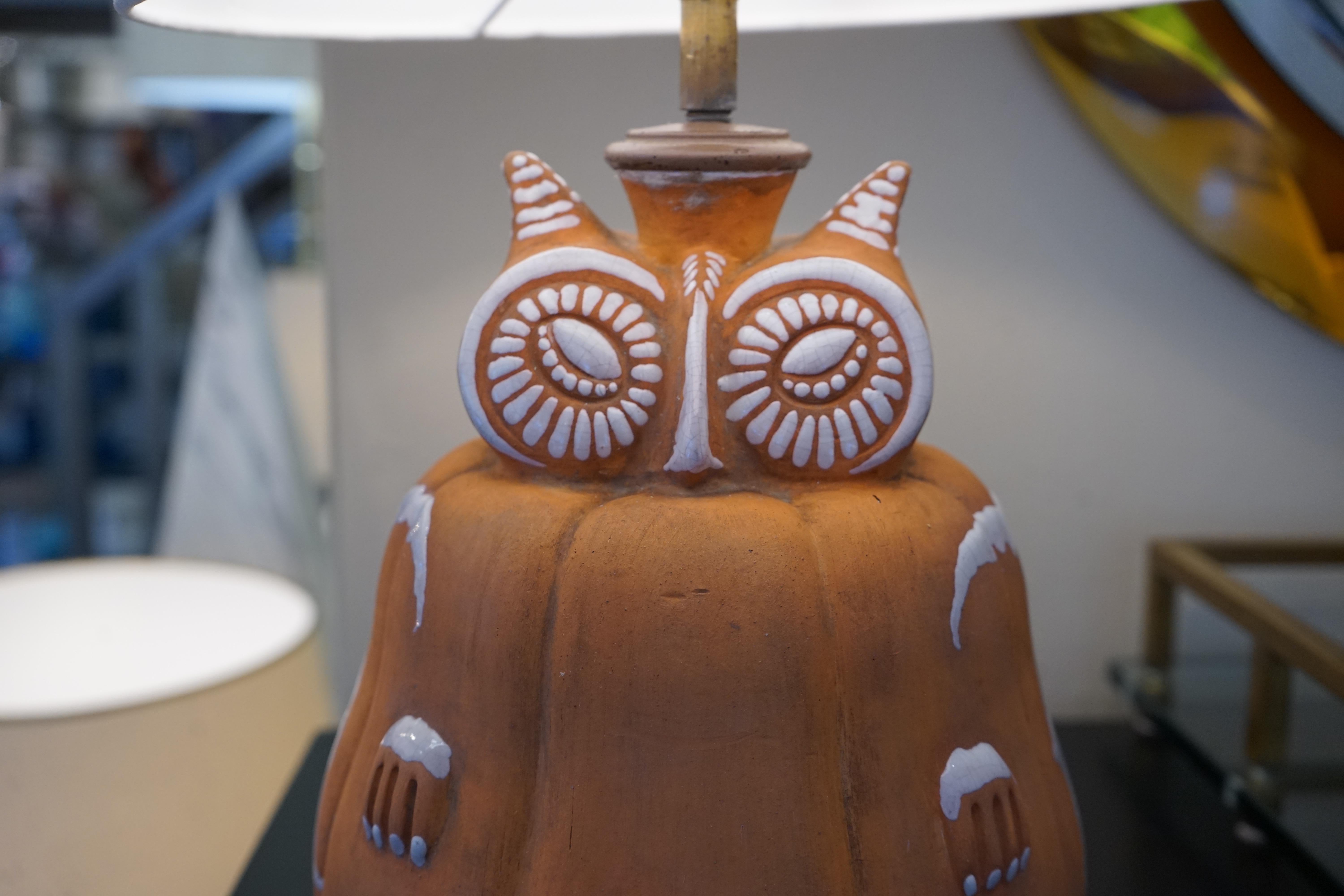 1970s French Brown Ceramic Owl Lamp with Silver Detail & Custom Lampshade 1