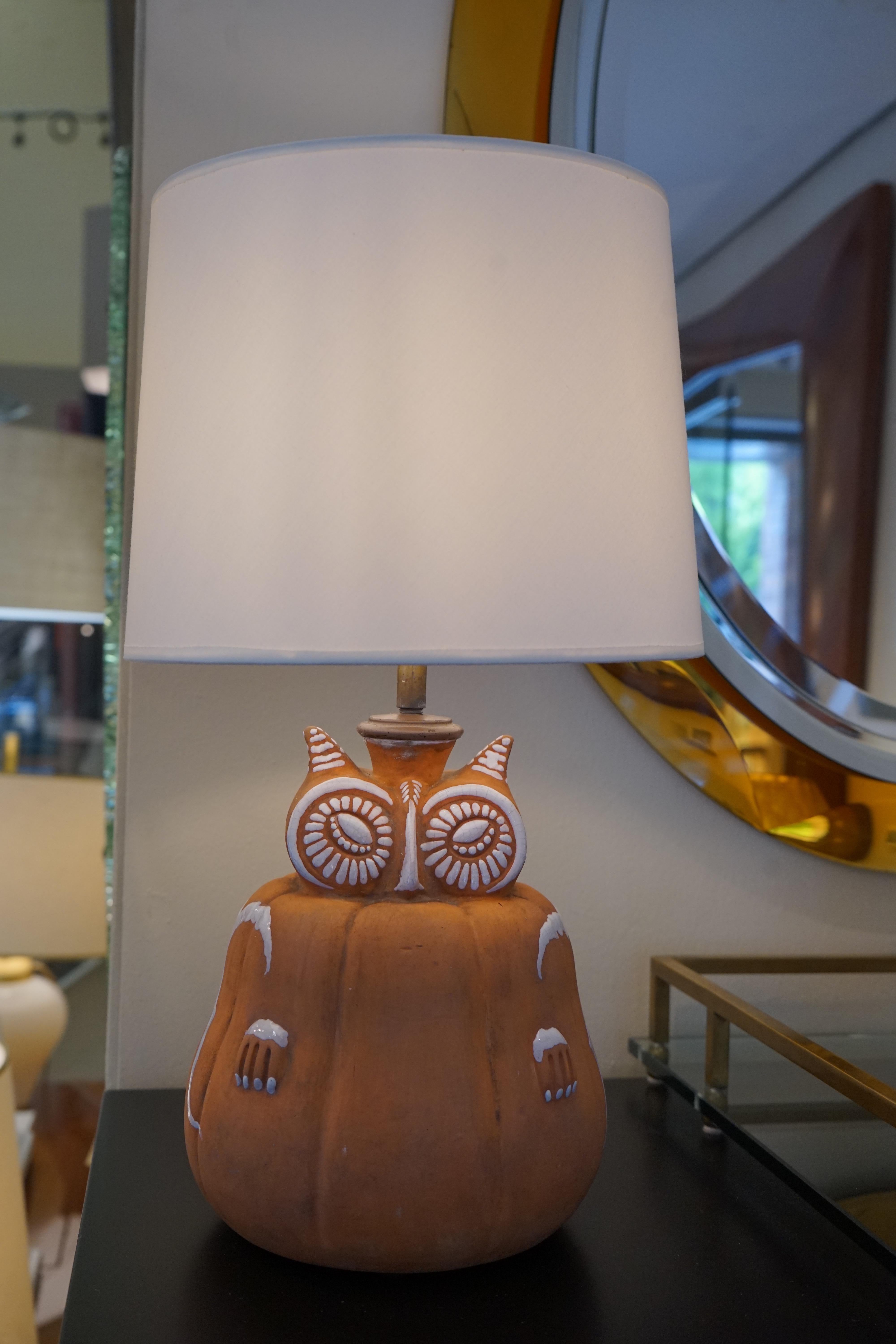 1970s French Brown Ceramic Owl Lamp with Silver Detail & Custom Lampshade 2