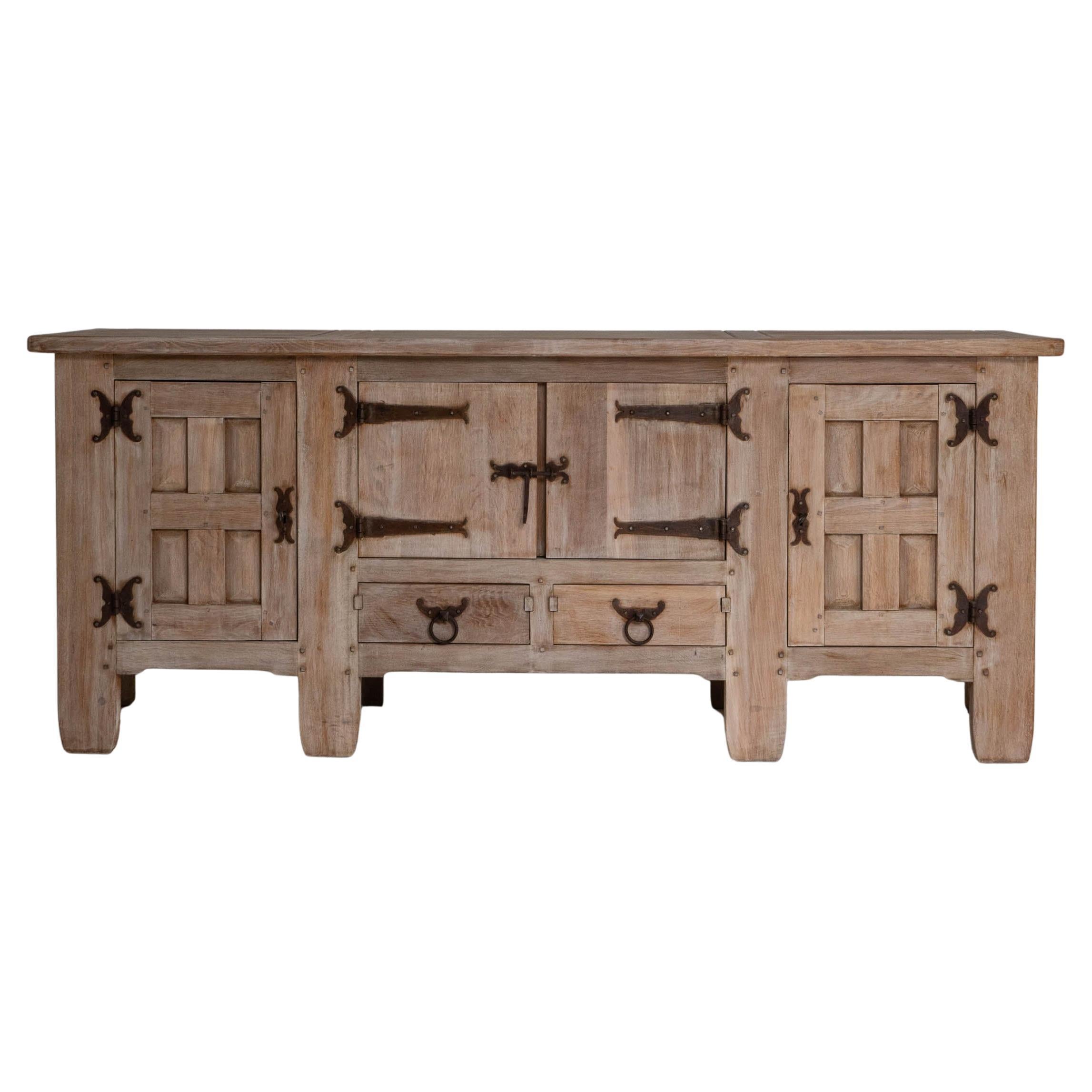 1970s French Brutalist Oak Buffet With Iron Hardware