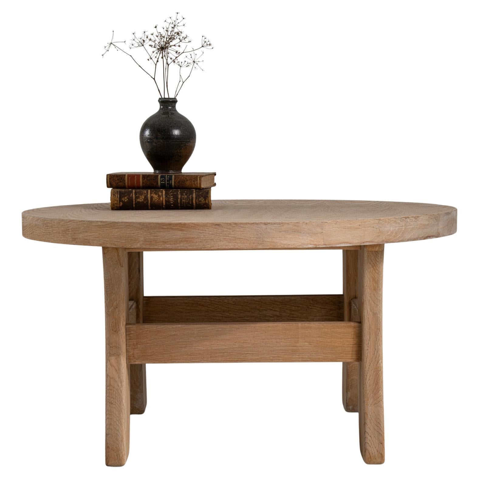 1970s French Brutalist Oak Round Coffee Table For Sale
