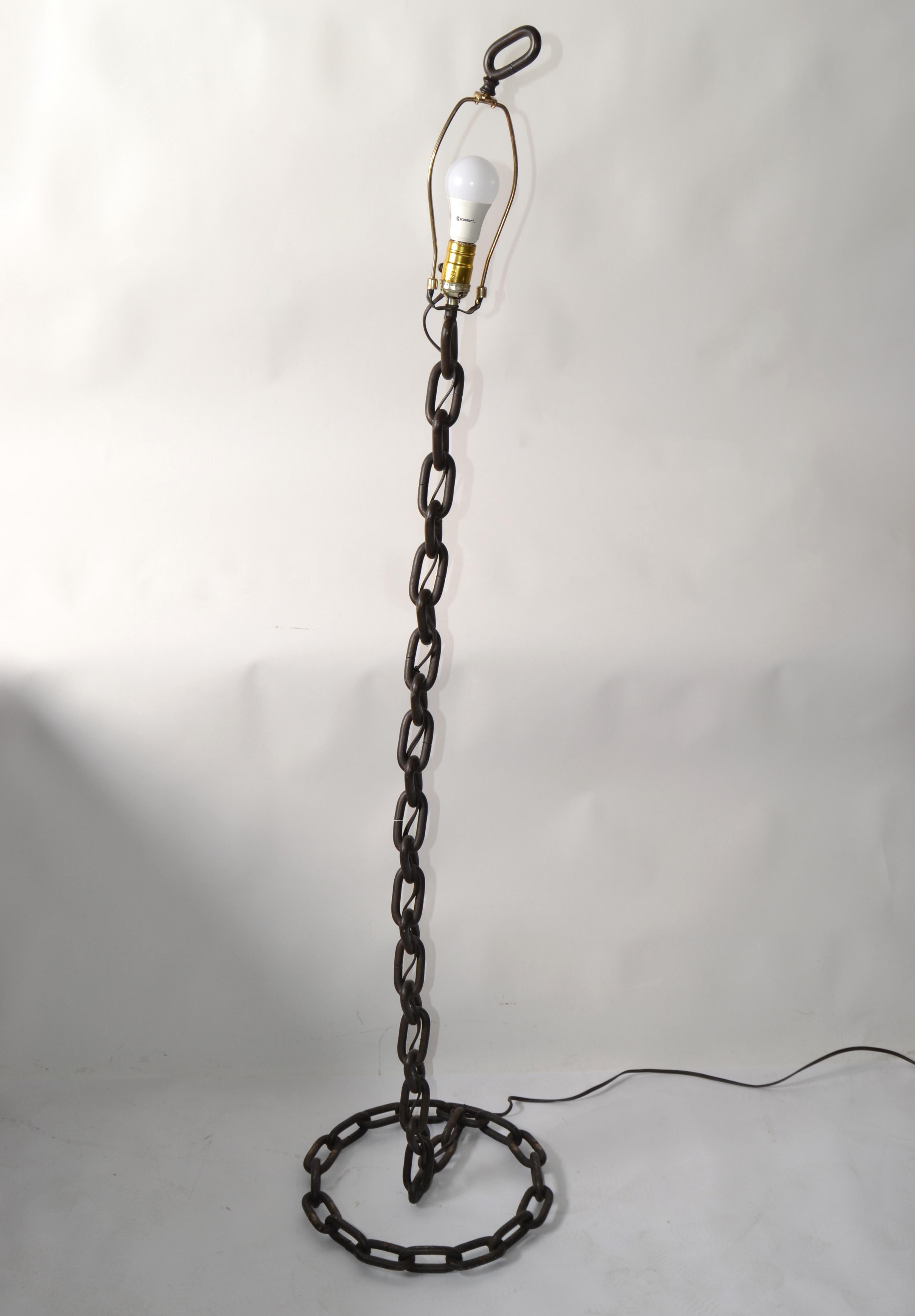 1970s French Brutalist Rustic Vintage Iron Chain Link Floor Lamp Round Base West 3