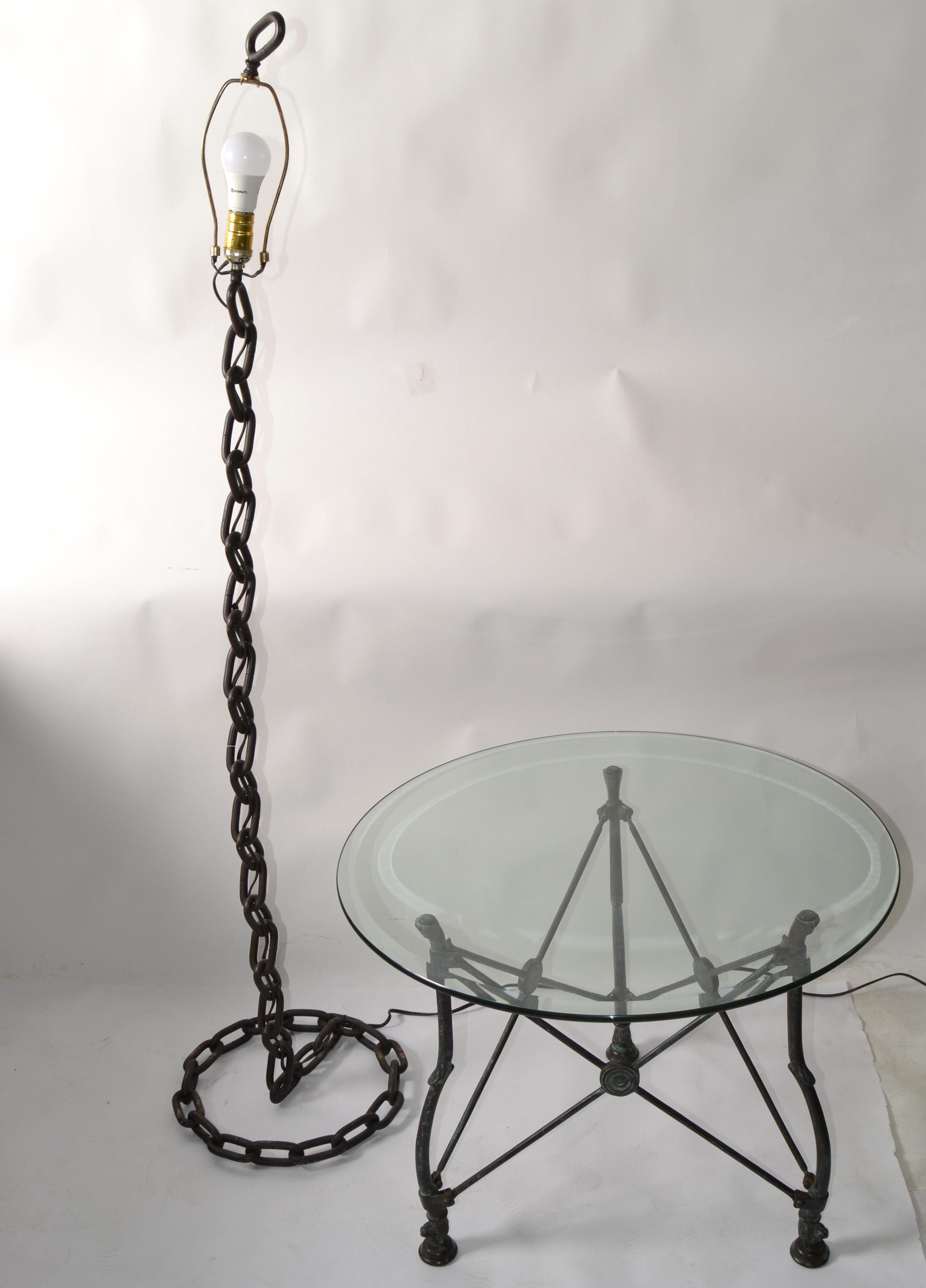1970s French Brutalist Rustic Vintage Iron Chain Link Floor Lamp Round Base West 7