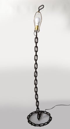 1970s French Brutalist Rustic Vintage Iron Chain Link Floor Lamp Round Base West