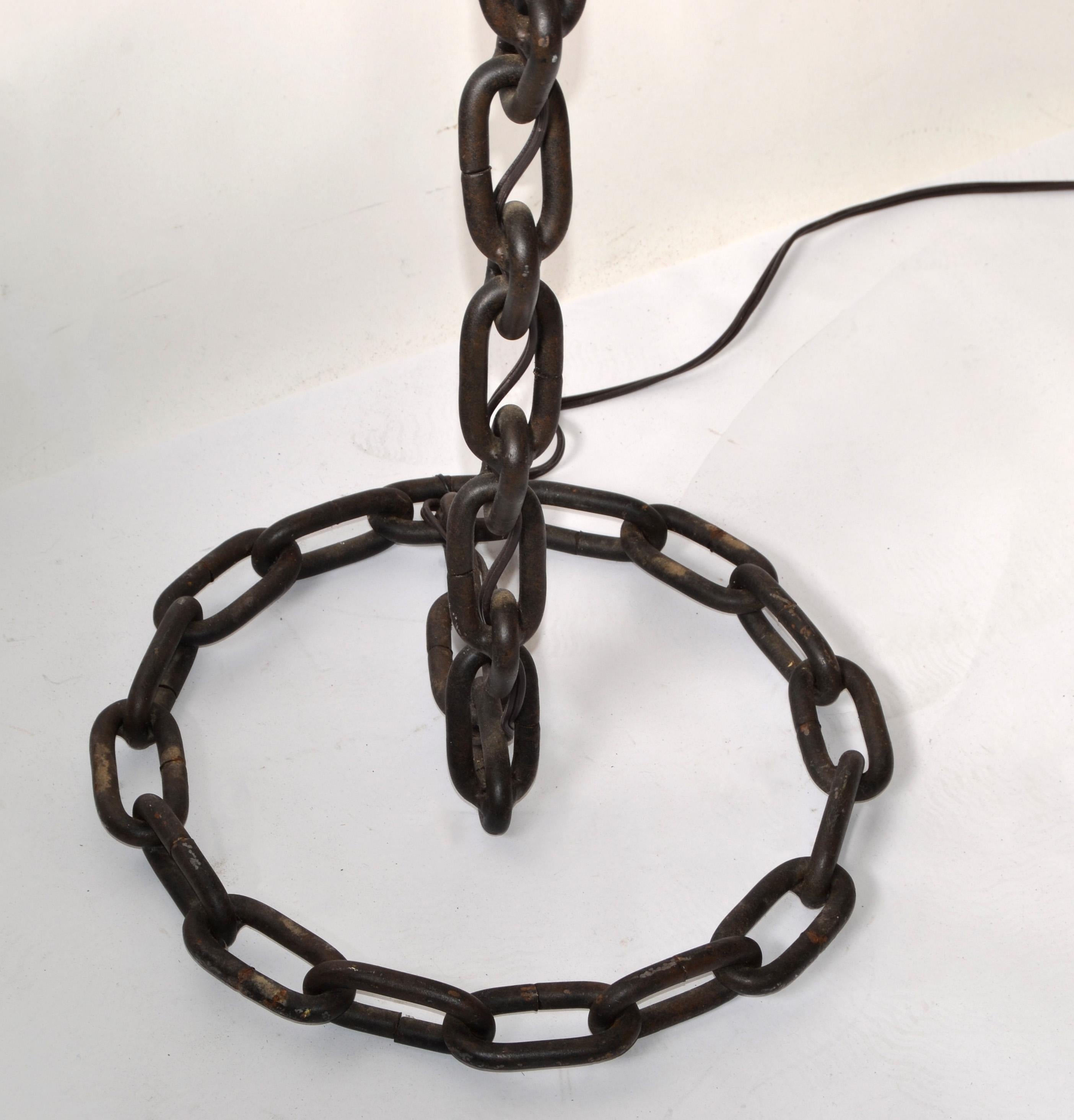 1970s French Brutalist Rustic Vintage Iron Chain Link Floor Lamp Round Base West 1
