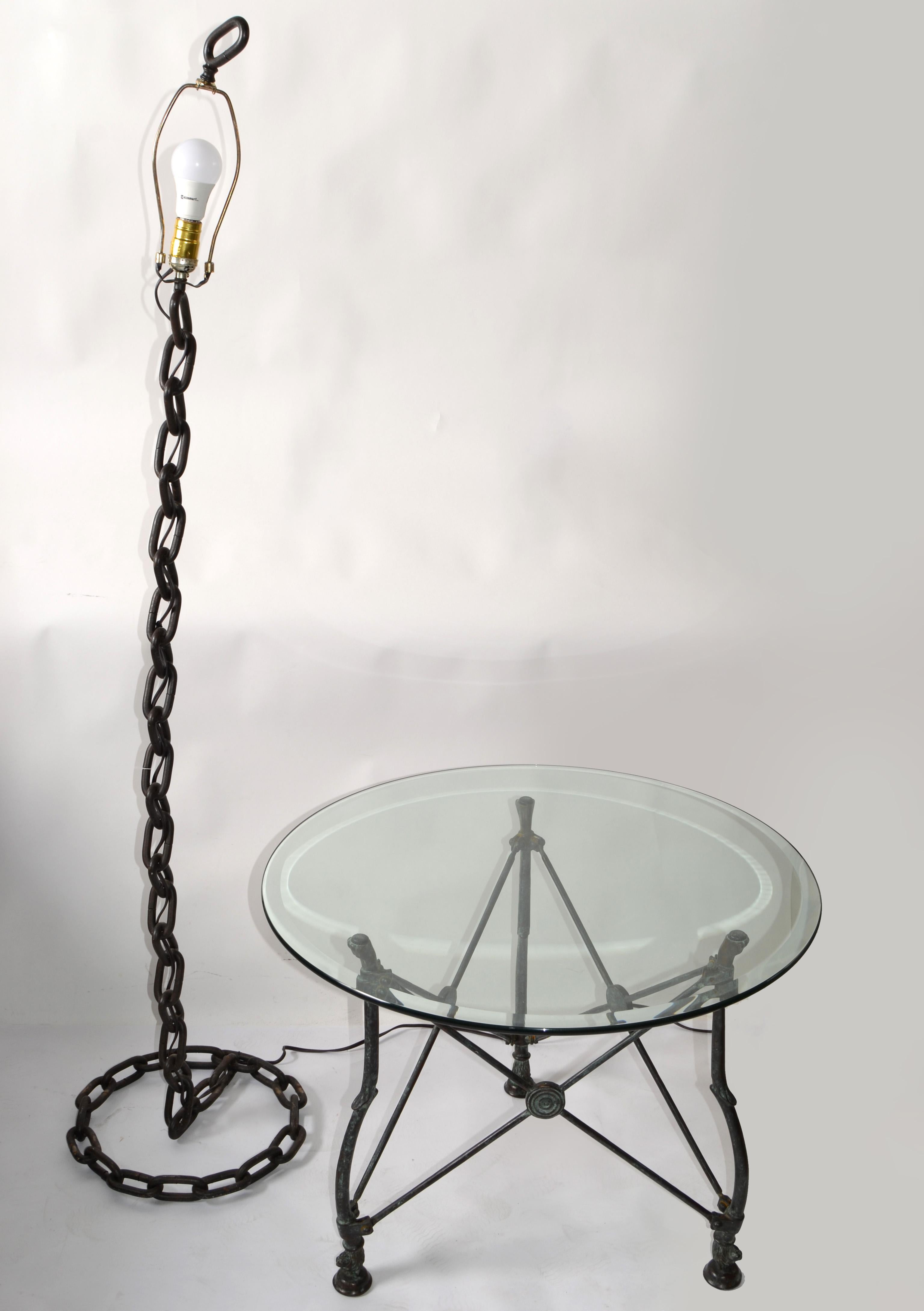 1970s French Brutalist Rustic Vintage Iron Chain Link Floor Lamp Round Base West 2