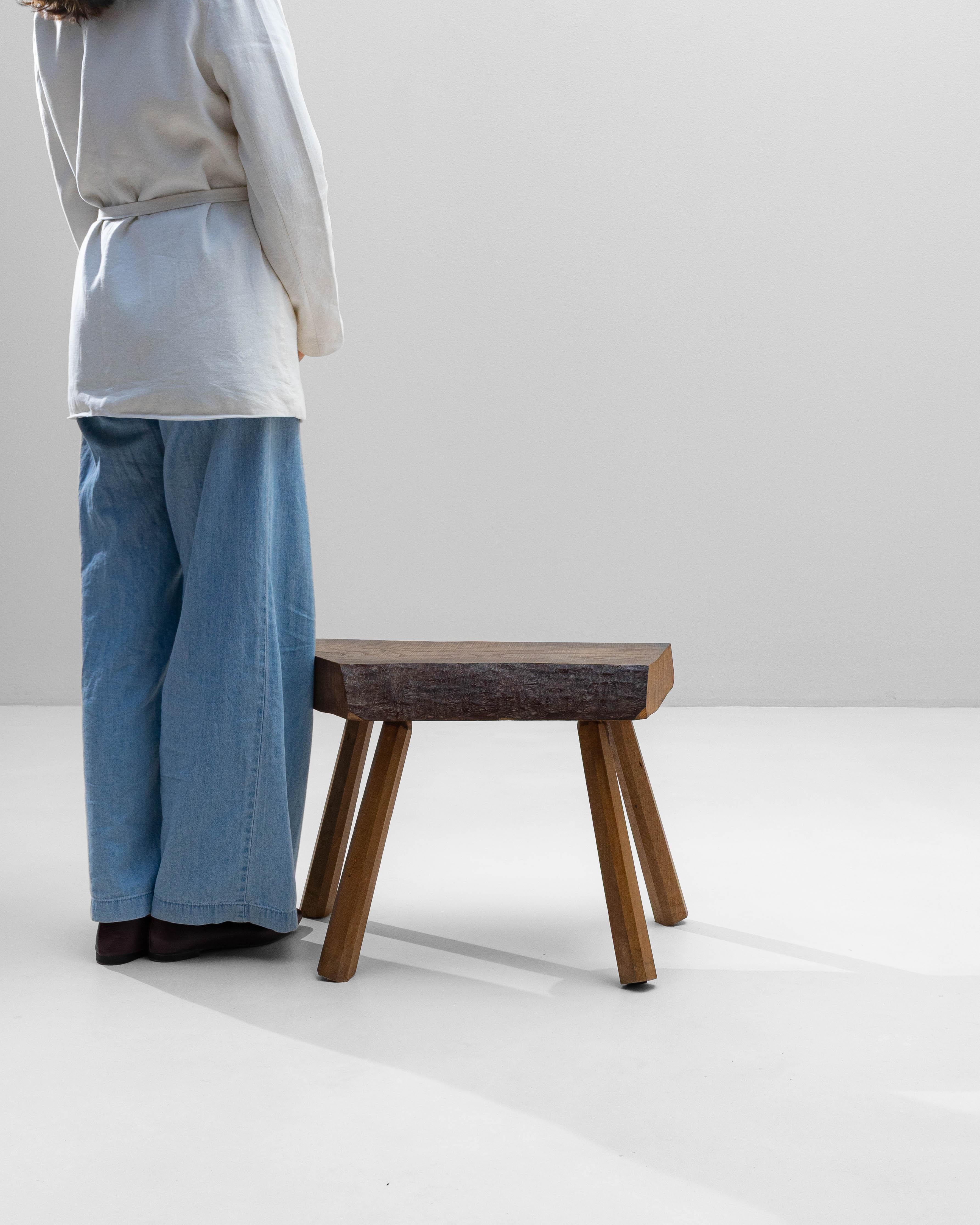 1970s French Brutalist Wooden Stool In Good Condition For Sale In High Point, NC