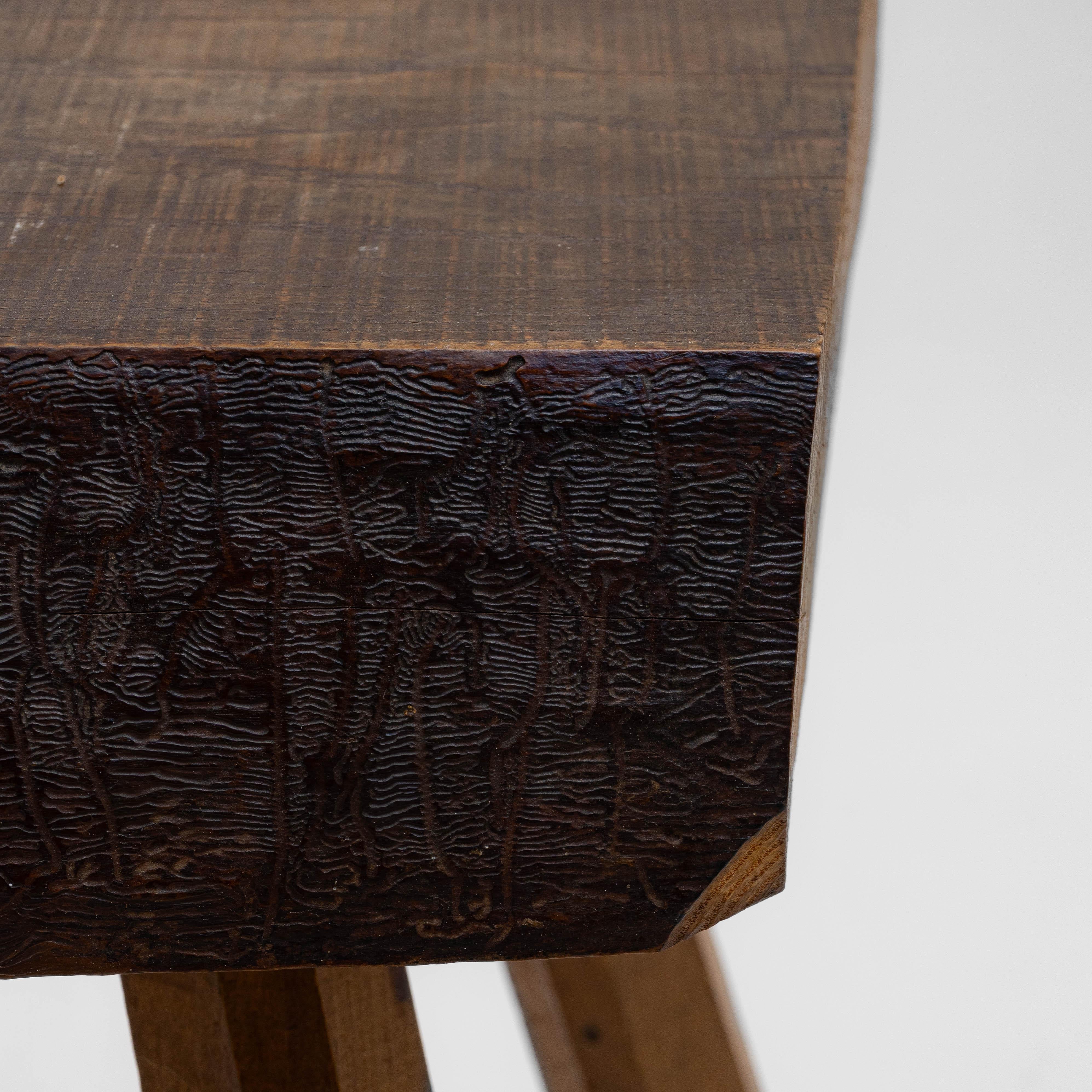 1970s French Brutalist Wooden Stool For Sale 2