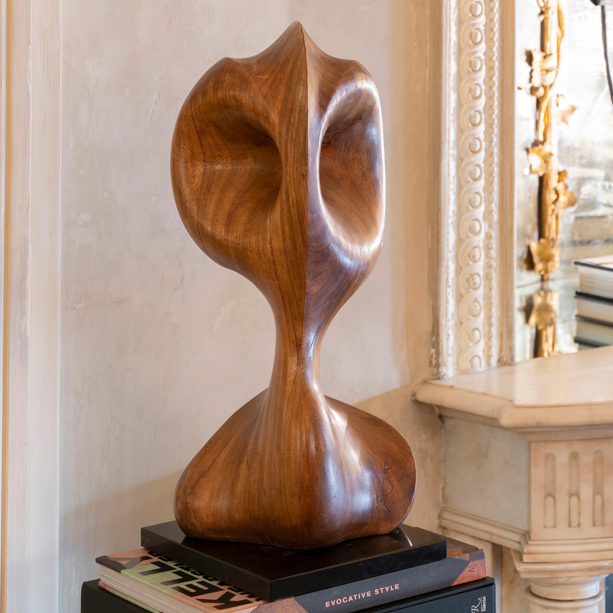 Carved wood abstract sculpture, original black marble base, perfect vintage condition and patina, unknown signed, France circa 1970s.