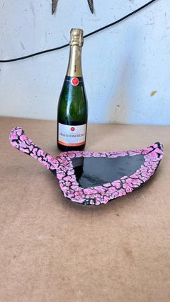 1970s French Cheese Serving Tray Leaf-Shaped, Pink Black Hollywood Regency Style