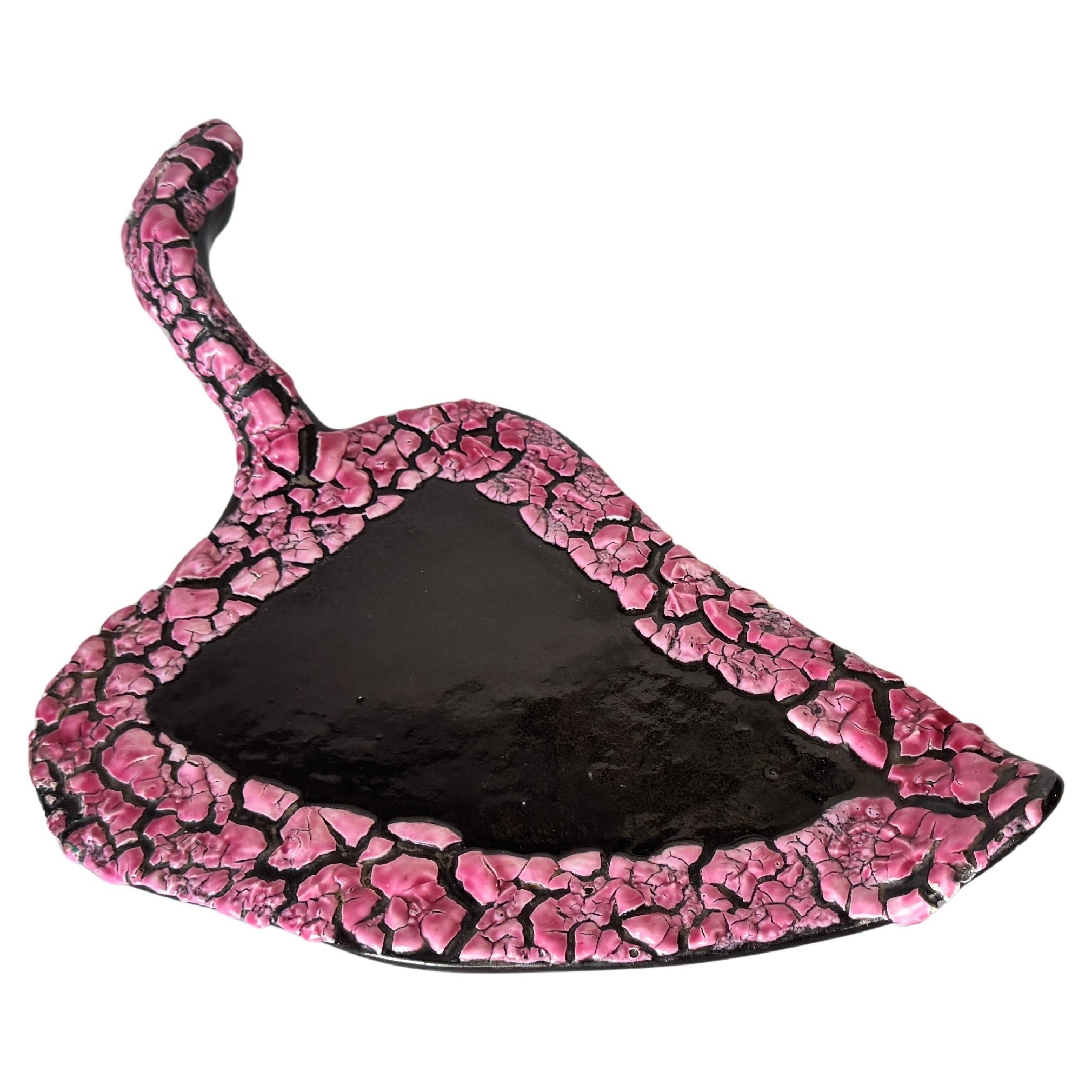 1970s French Cheese Serving Tray Leaf-Shaped, Pink Black Hollywood Regency Style