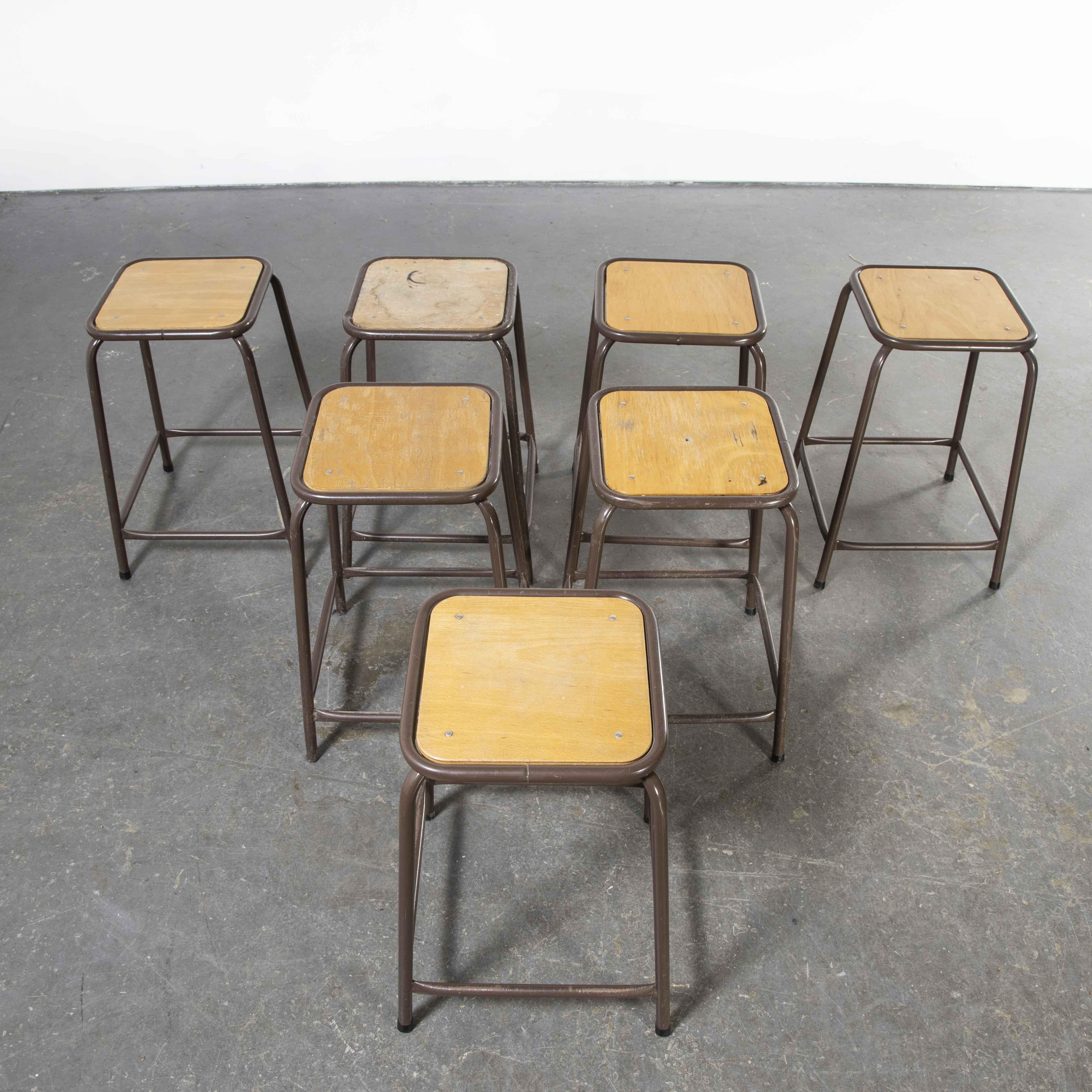 1970s French Chocolate Brown Laboratory Stools, Set of Seven In Good Condition For Sale In Hook, Hampshire