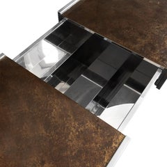 1970s French Chrome and Antiqued Glass Coffee Table with Concealed Bar Storage
