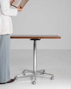 1970s French Swivel Top Side Wheels Table Chrome Wood Brown Silver Mid Century