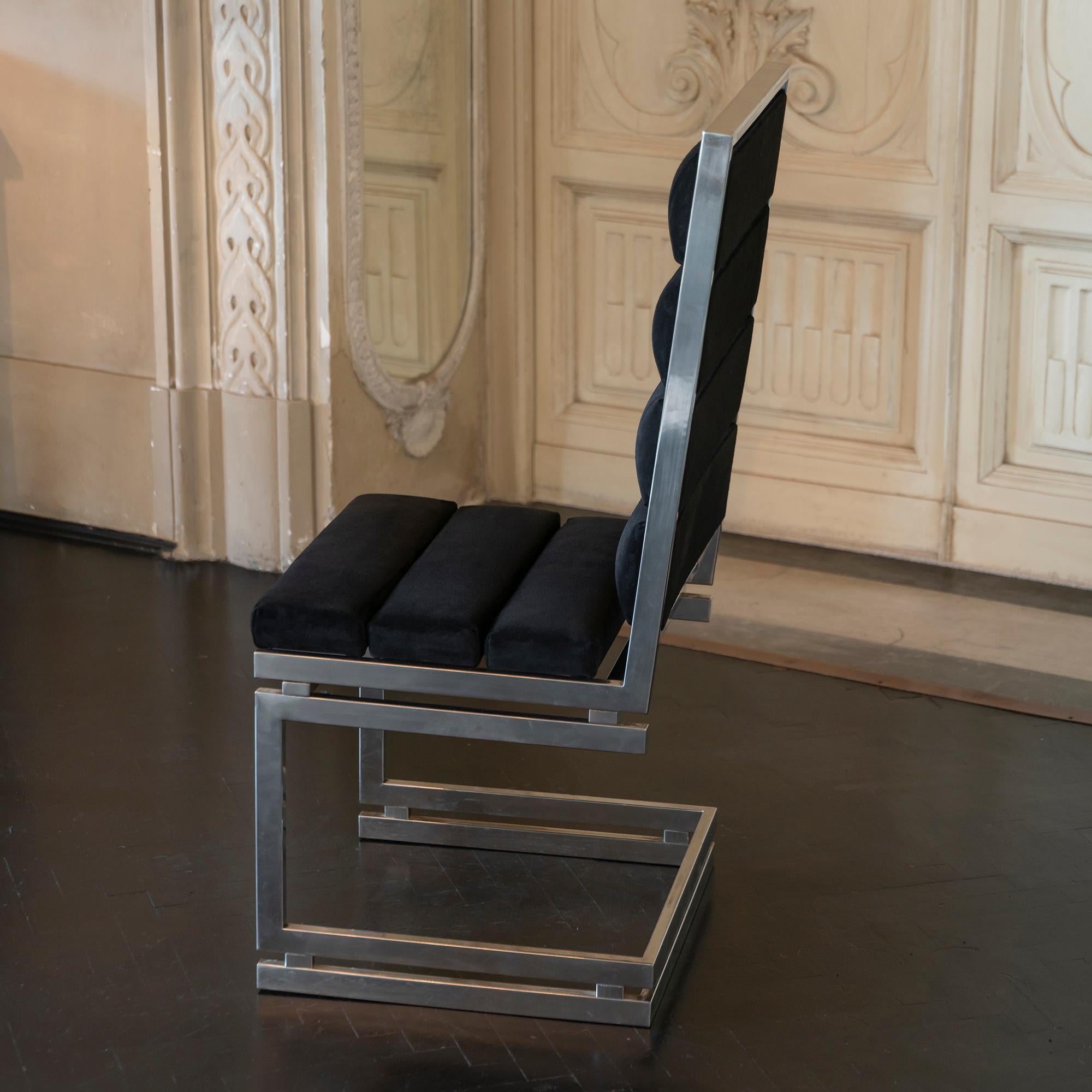 Italian 1970s Romeo Rega Chromed Brass Dining Chairs, Black Suede Upholstery, Set of 8